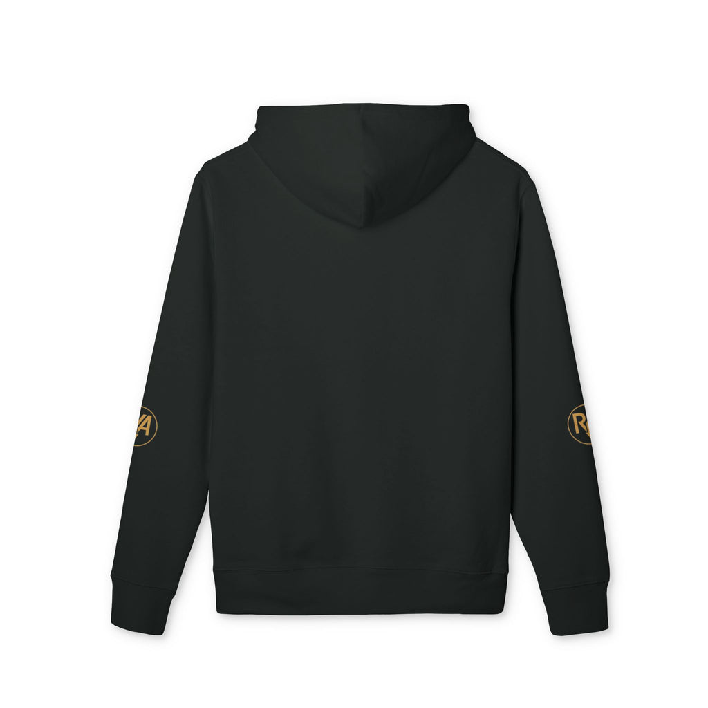 Minimalist Gold Logo Hoodie — White Crew Pullover with R/A Emblem