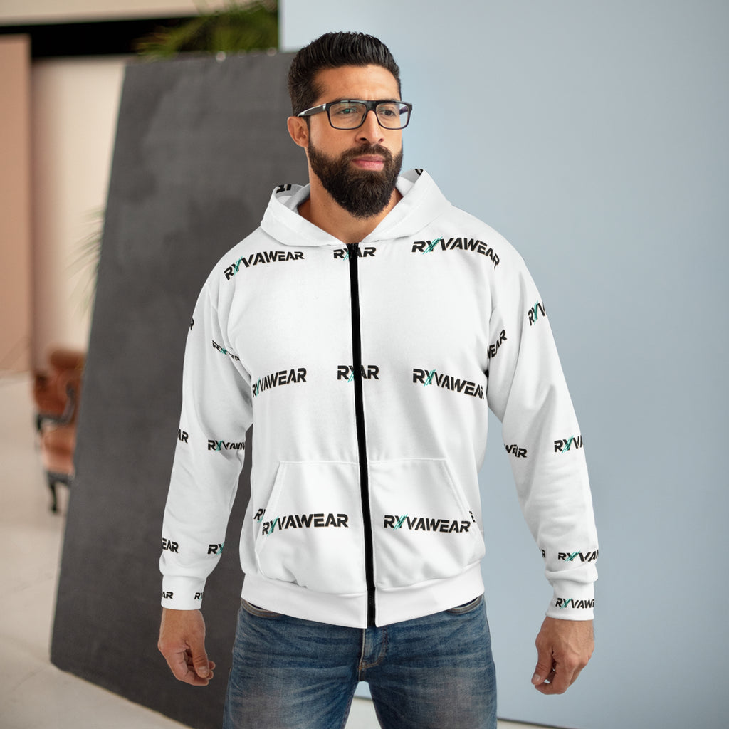 Allover Logo Zip Hoodie — RYVAWEAR Patterned White Streetwear