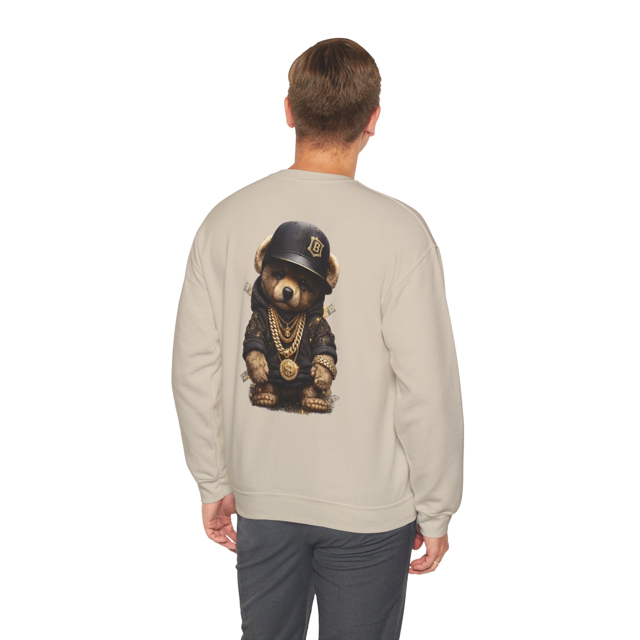 Crewneck Sweatshirt — Teddy Bear Streetwear Graphic (Gold Chains & Cap)
