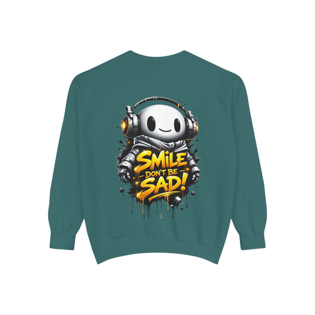 Smile Don't Be Sad Sweatshirt — Cute Headphone Character Graphic Crewneck