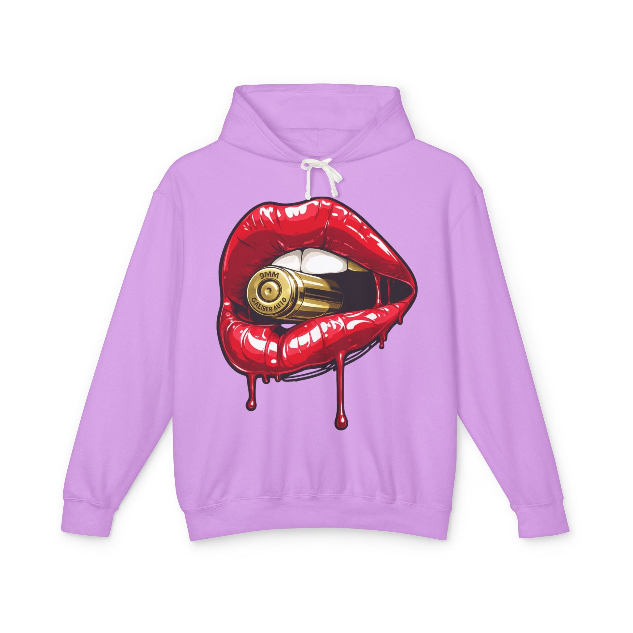 Graphic Hoodie — Red Dripping Lips Holding Bullet Print
