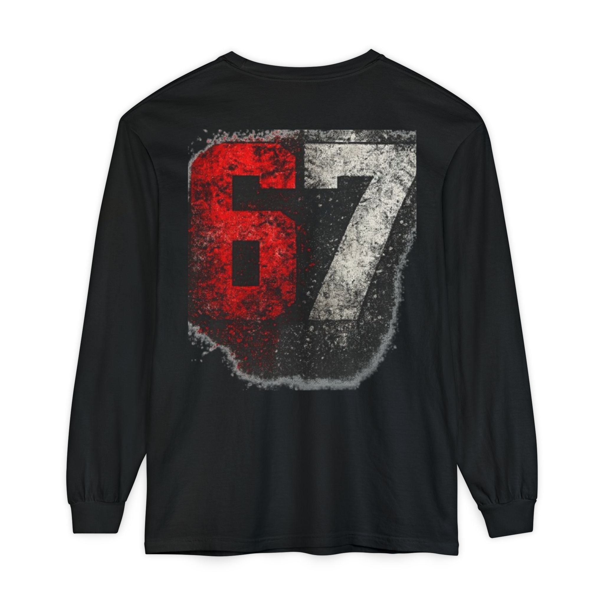 67 Graphic Long Sleeve T-Shirt — Distressed Red & Black Number Backprint