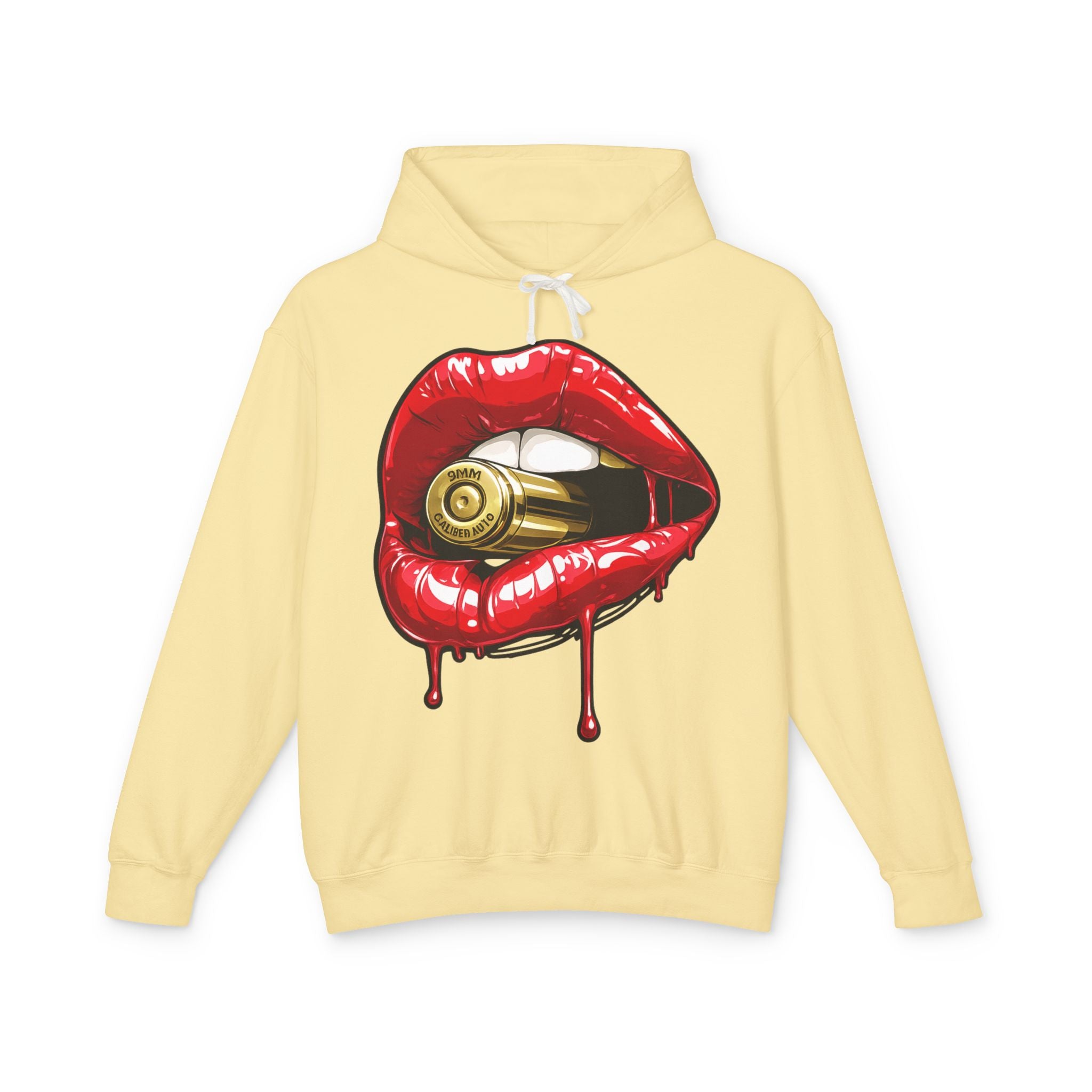 Graphic Hoodie — Red Dripping Lips Holding Bullet Print