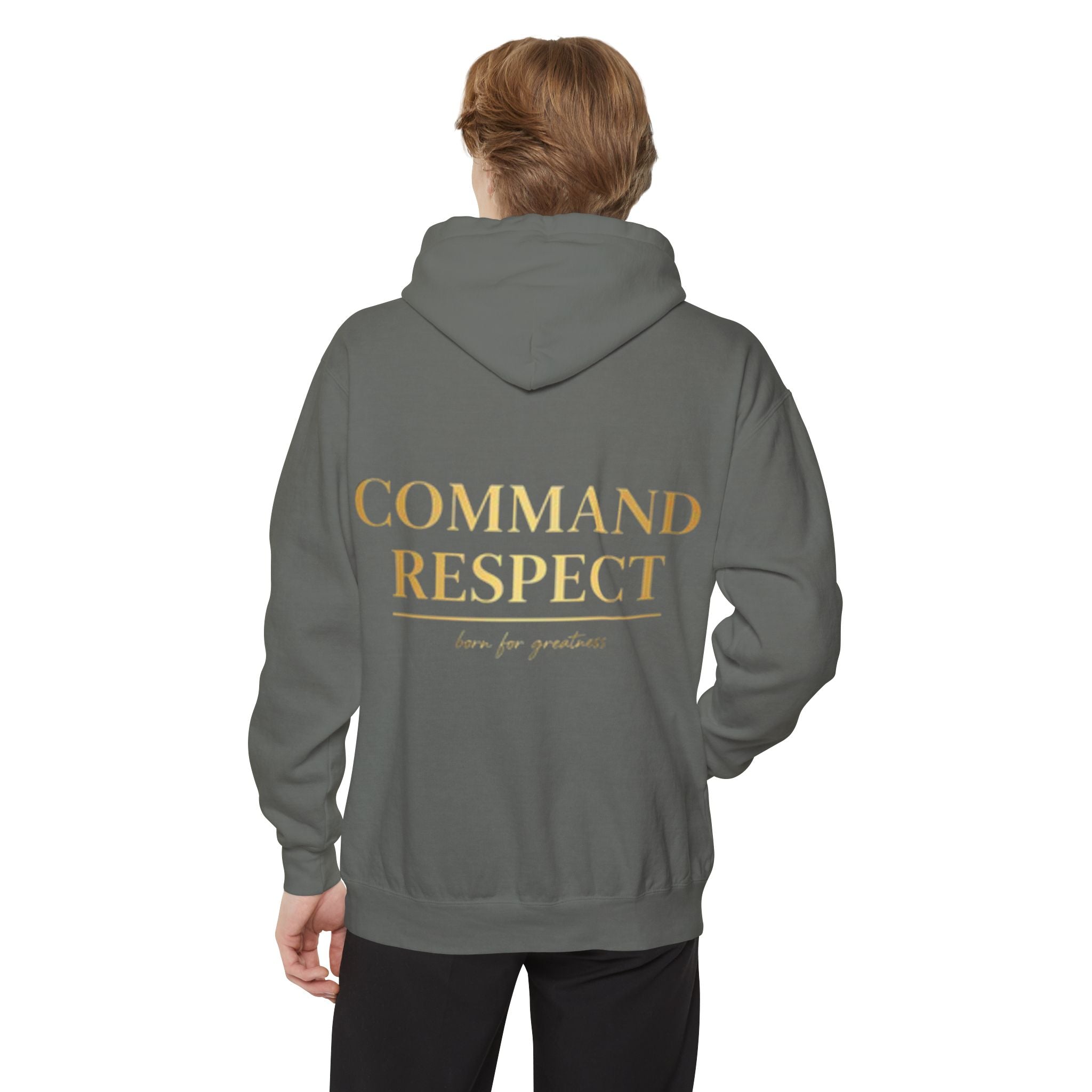 Command Respect Hoodie — Minimal Gold Logo Garment-Dyed Pullover