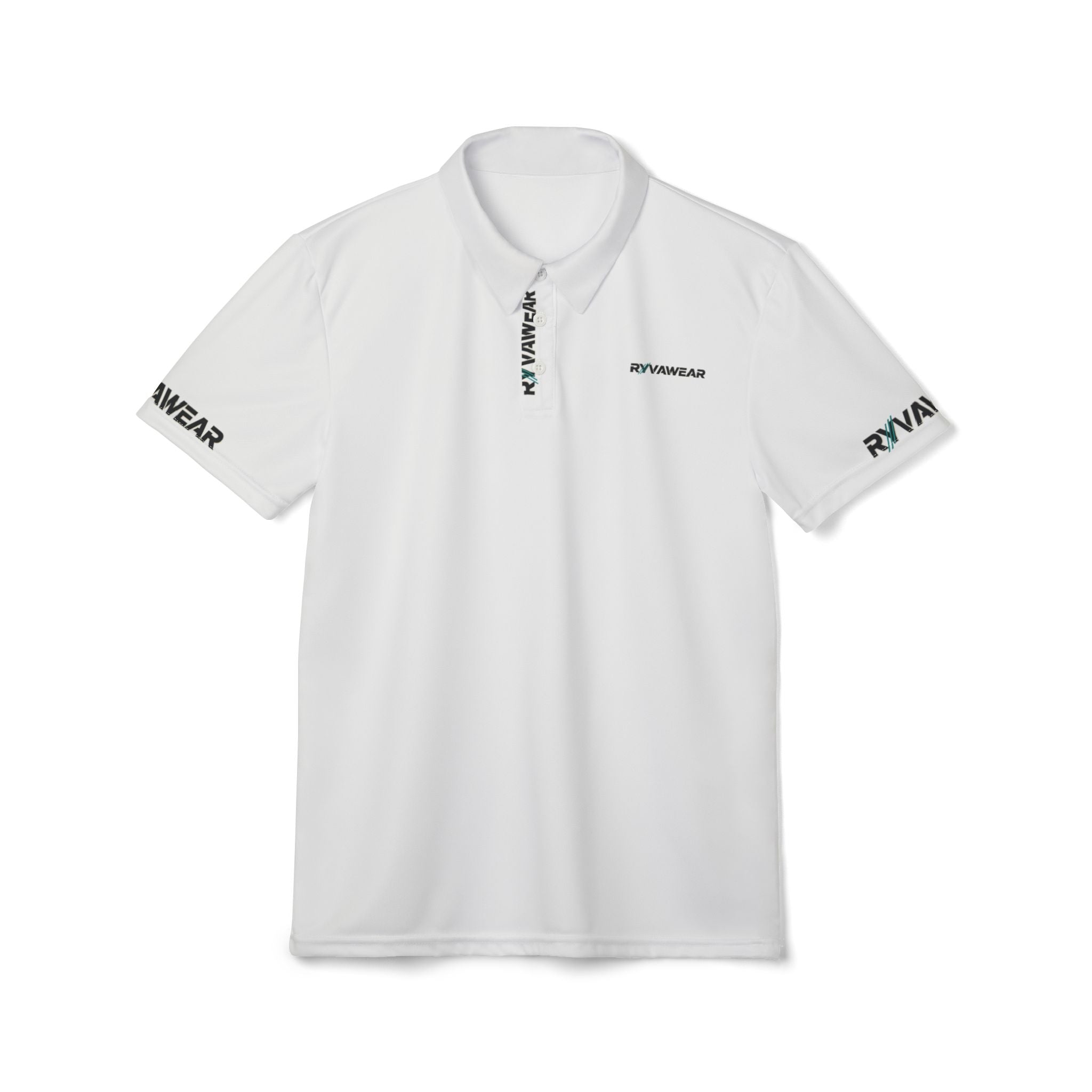 Minimal Logo Polo Shirt — White Performance Polo with 'RVNWEAR' Sleeve Branding