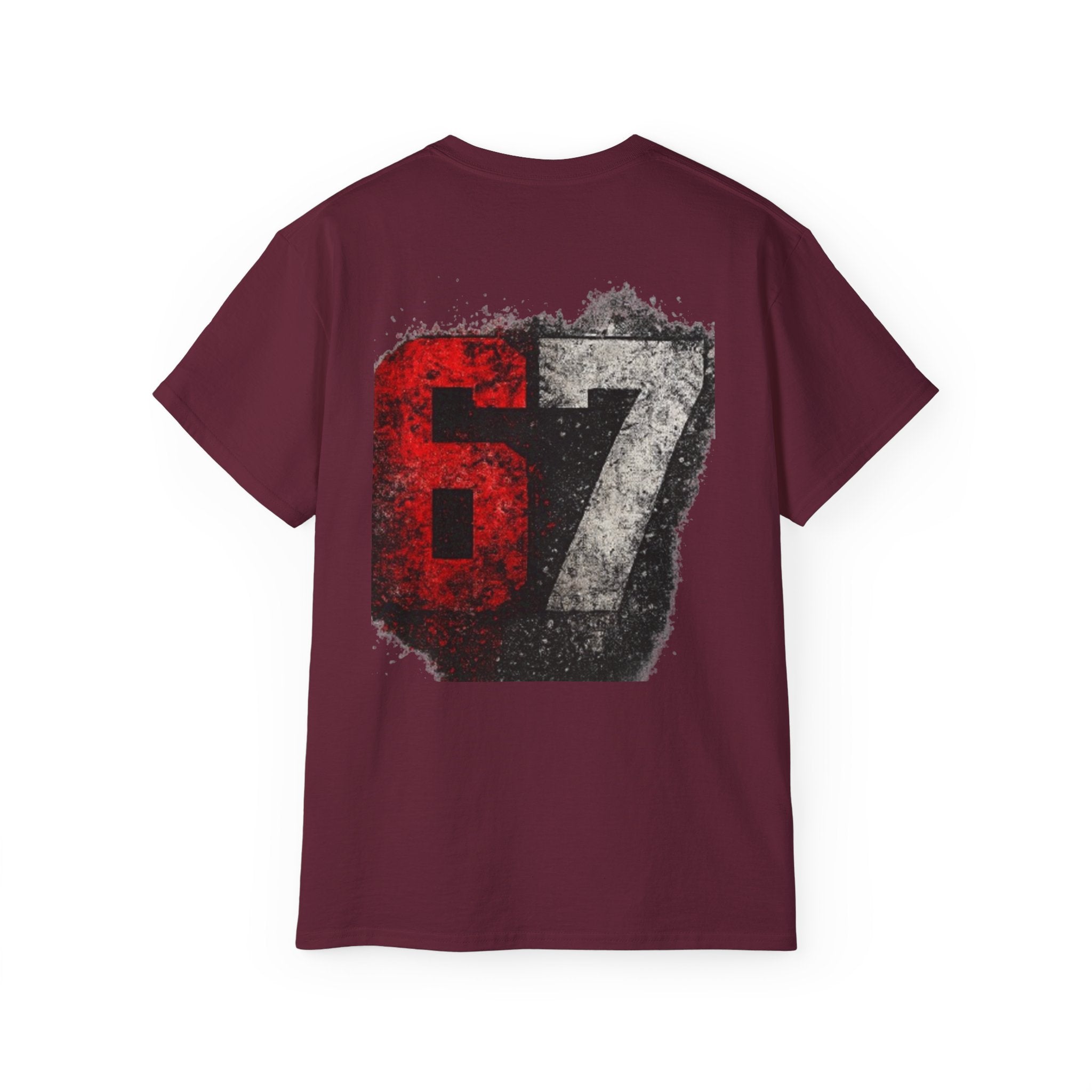 67 Distressed Racing Number Tee — Vintage Red & Gray Graphic T‑Shirt