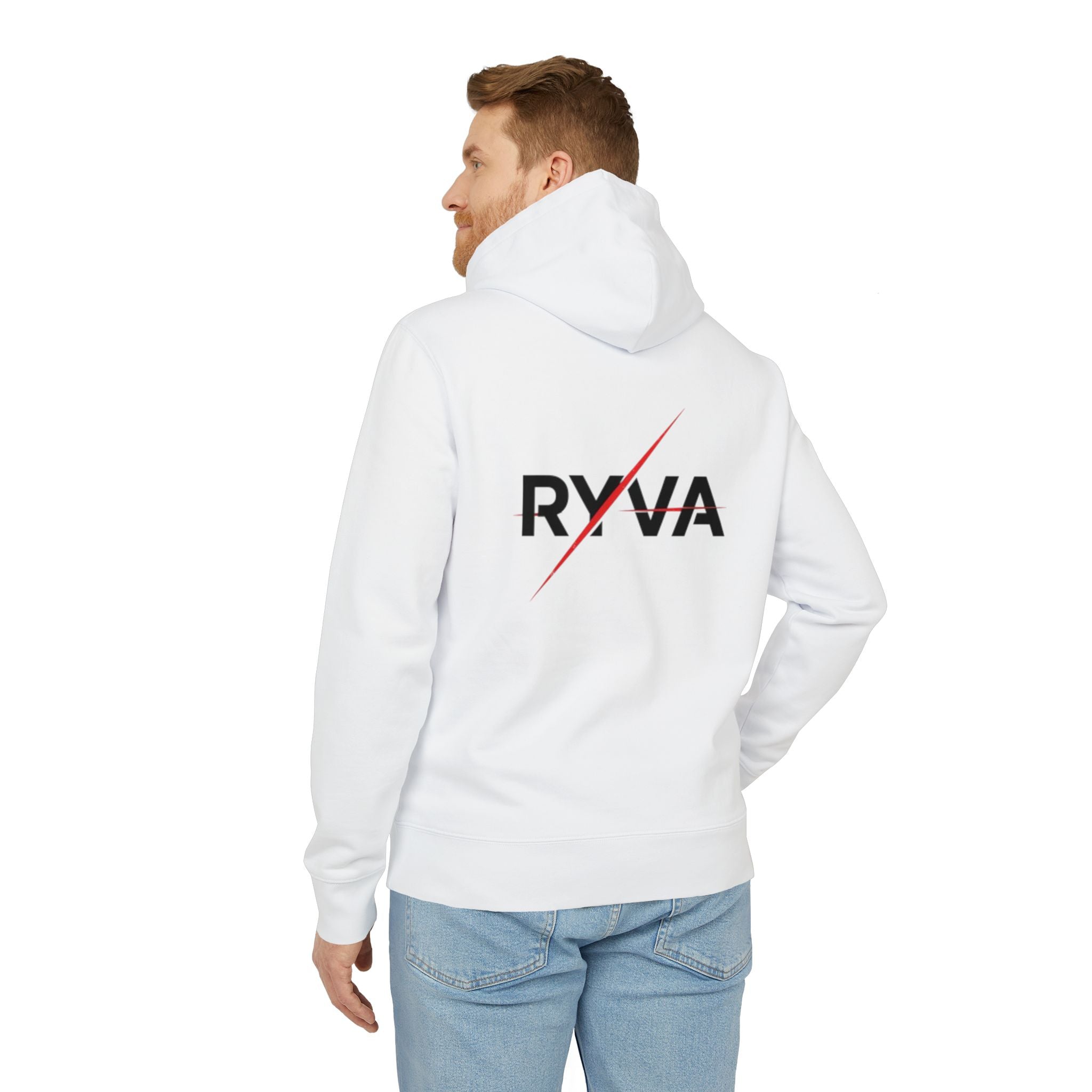 Ryva Logo Hoodie — Minimalist White Pullover with Front Emblem & Back Lightning Wordmark