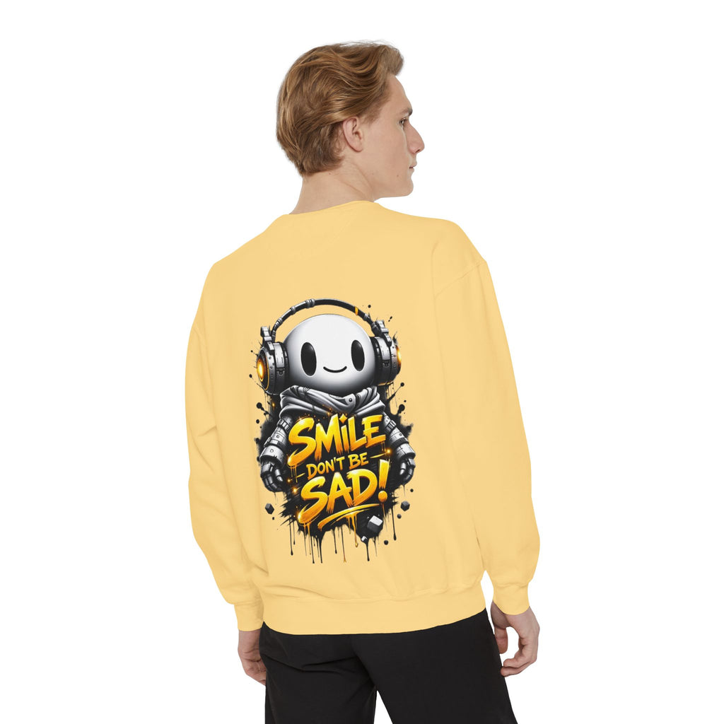 Smile Don't Be Sad Sweatshirt — Cute Headphone Character Graphic Crewneck