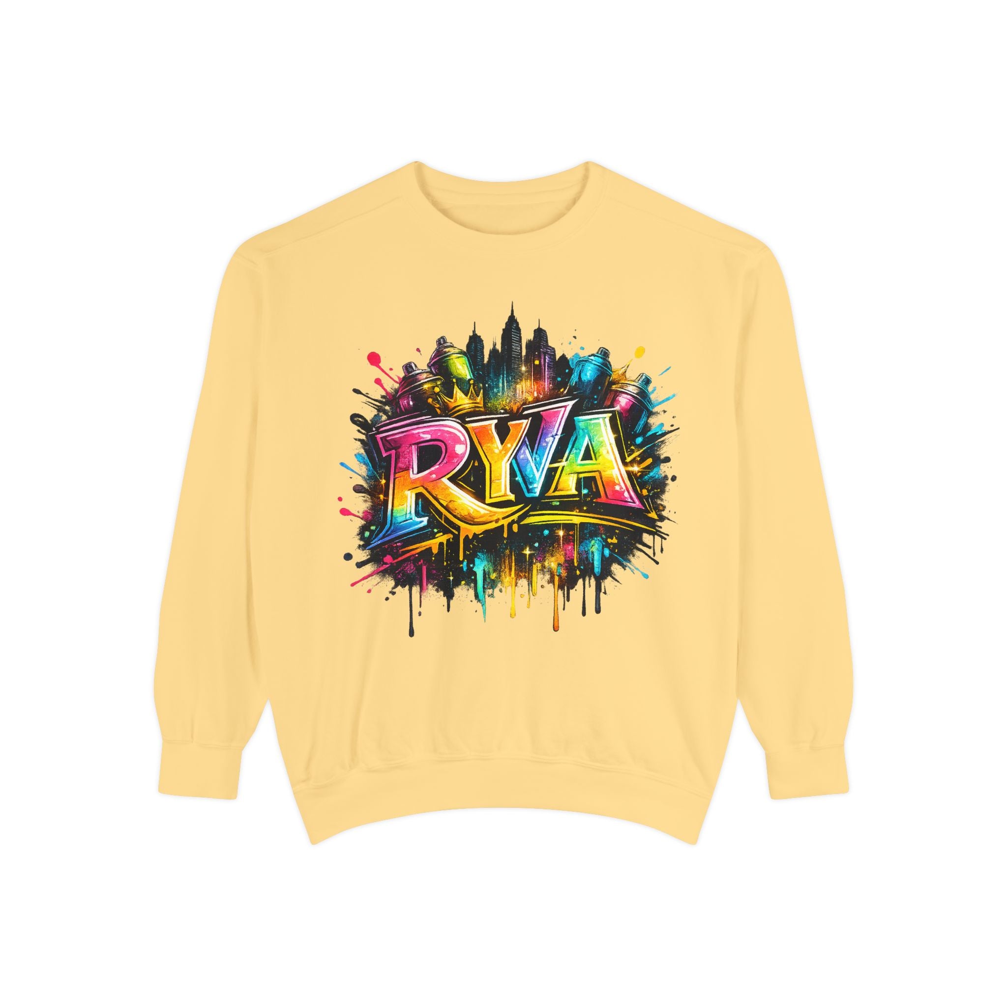 Graffiti Skyline Sweatshirt — Colorful "RYA" Urban Streetwear Crewneck