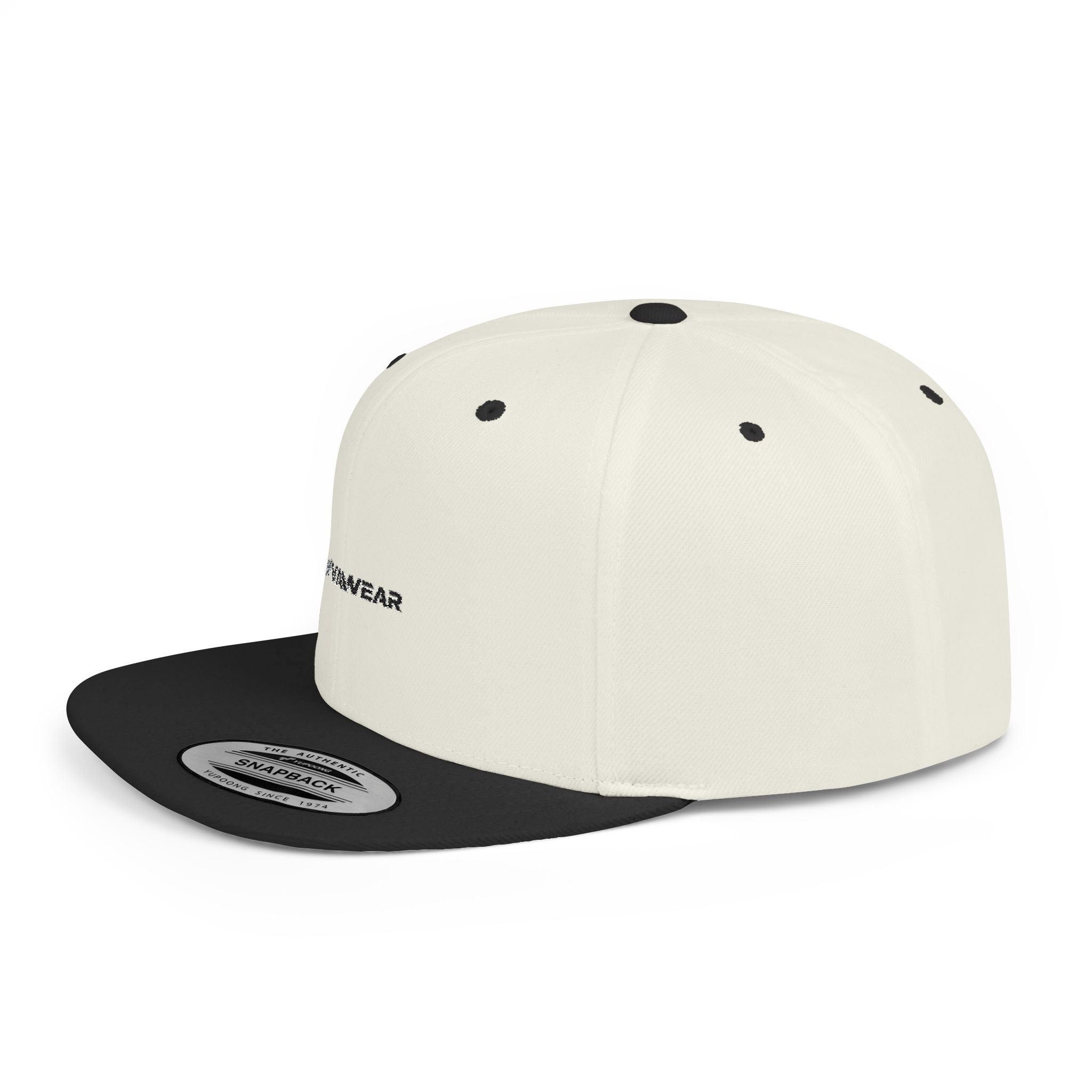 White Flat Bill Snapback Hat with Minimal Text Patch - 'RYVANTAR'