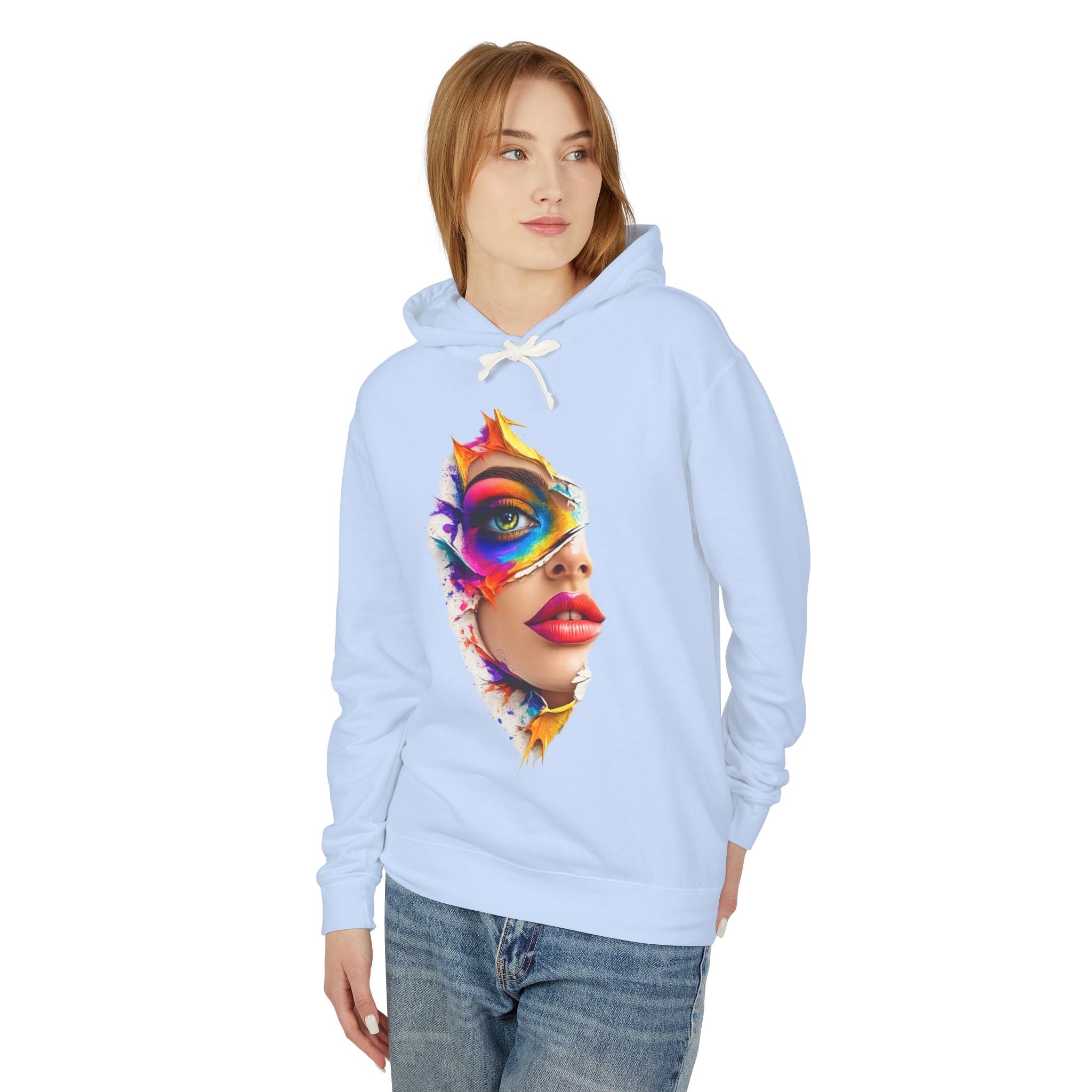 Colorful Masked Woman Art Hoodie — Vibrant Abstract Face Print