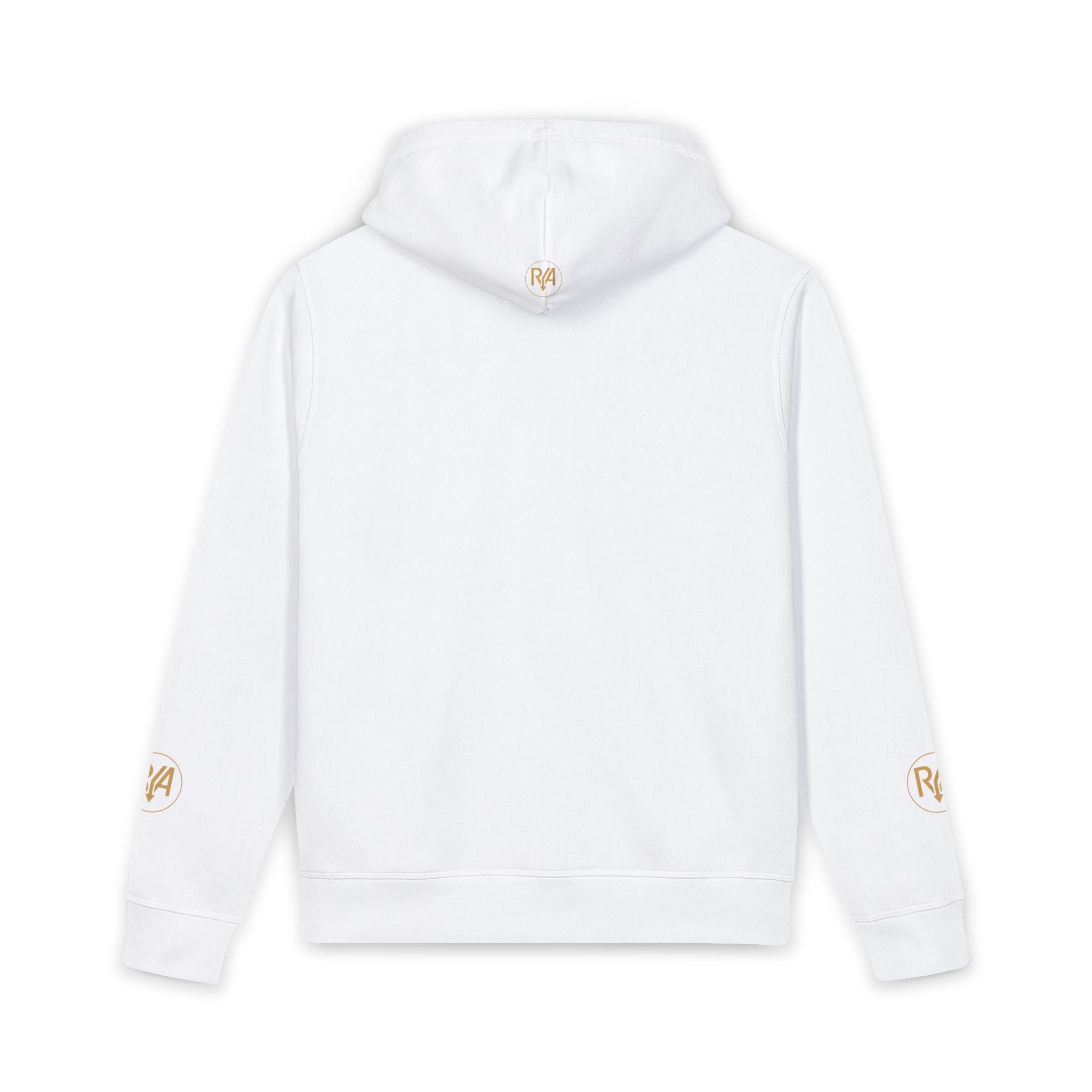 Minimal Logo Hoodie — White Organic Side-Pocket Hoodie with R/A Emblem
