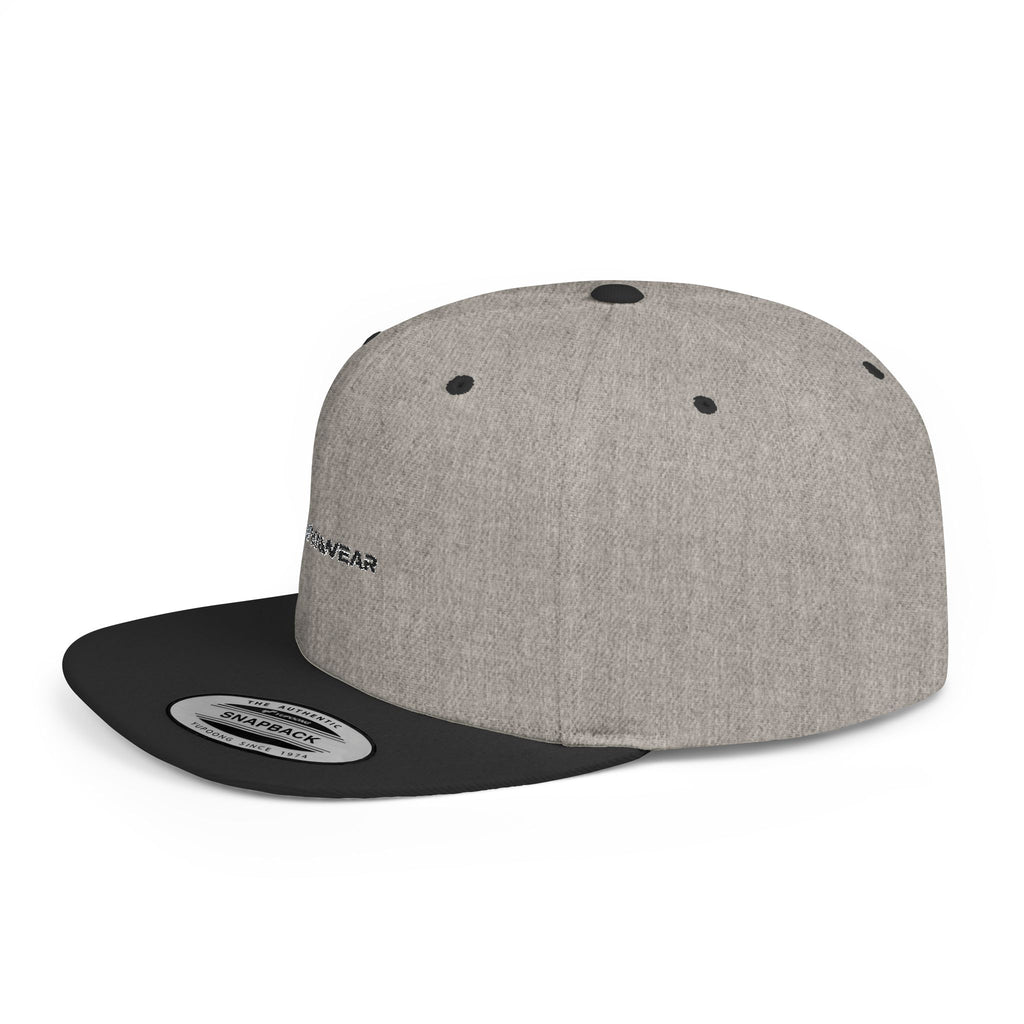 White Flat Bill Snapback Hat with Minimal Text Patch - 'RYVANTAR'