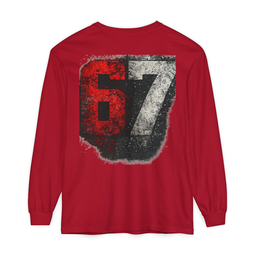 67 Graphic Long Sleeve T-Shirt — Distressed Red & Black Number Backprint
