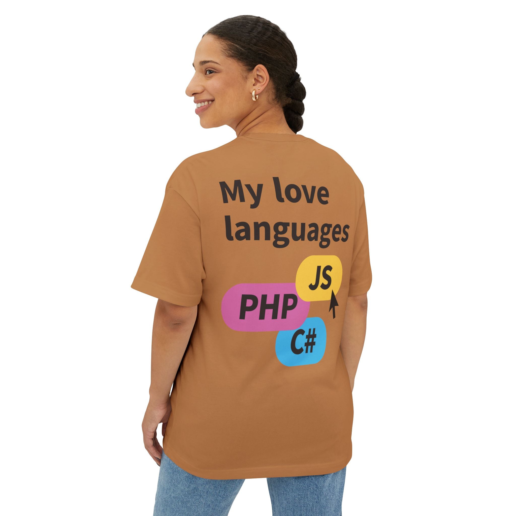 Programming Languages Graphic Tee — “My love languages: PHP JS C#” Oversized Boxy T-Shirt