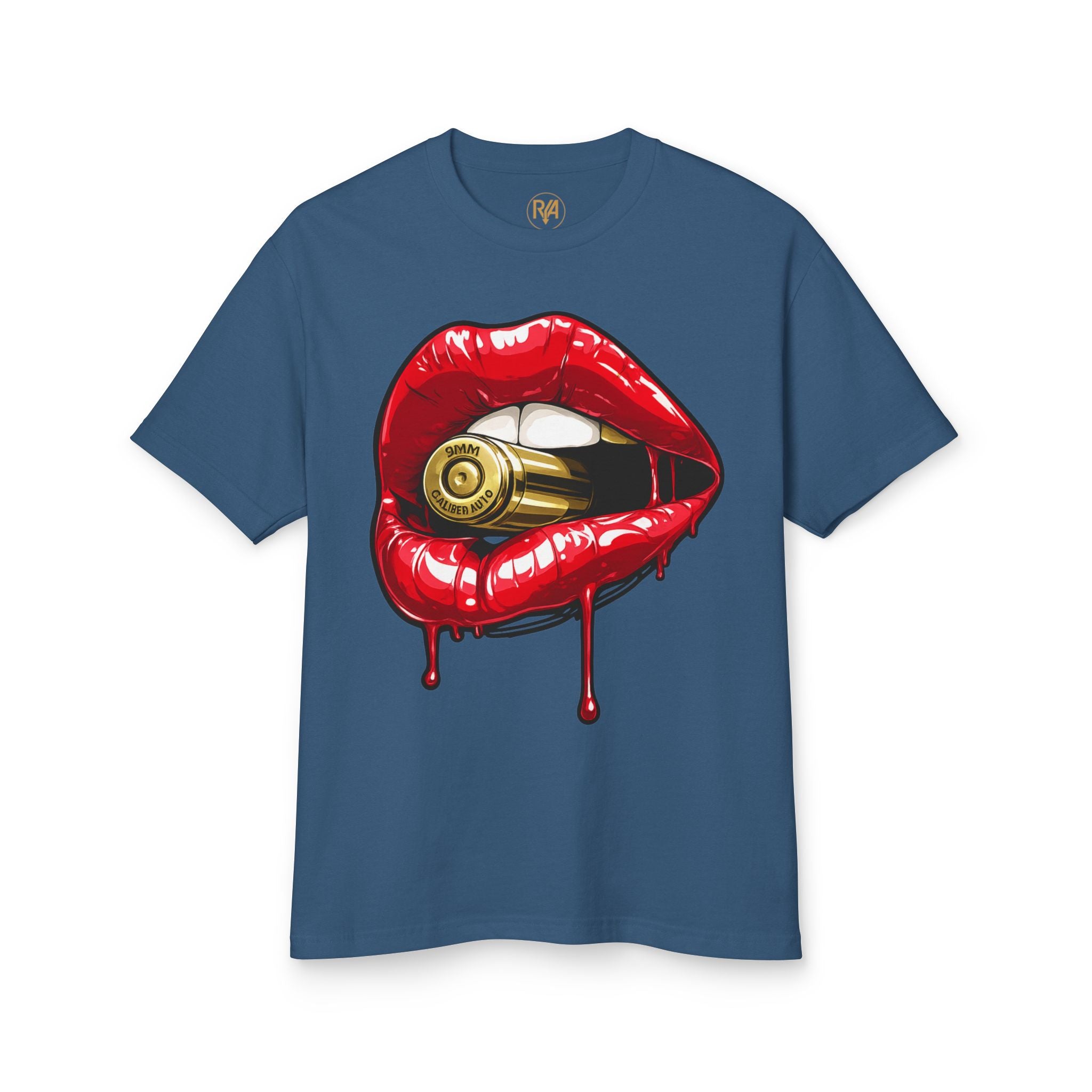 Graphic Tee — Red Dripping Lips Holding Bullet | Edgy Streetwear T-Shirt