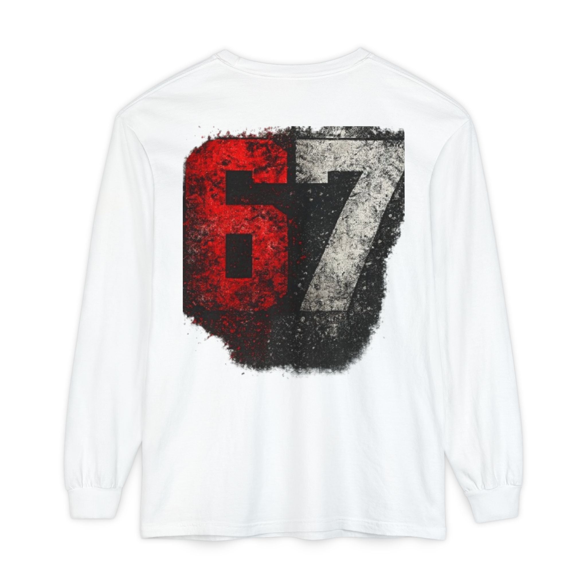 67 Graphic Long Sleeve T-Shirt — Distressed Red & Black Number Backprint