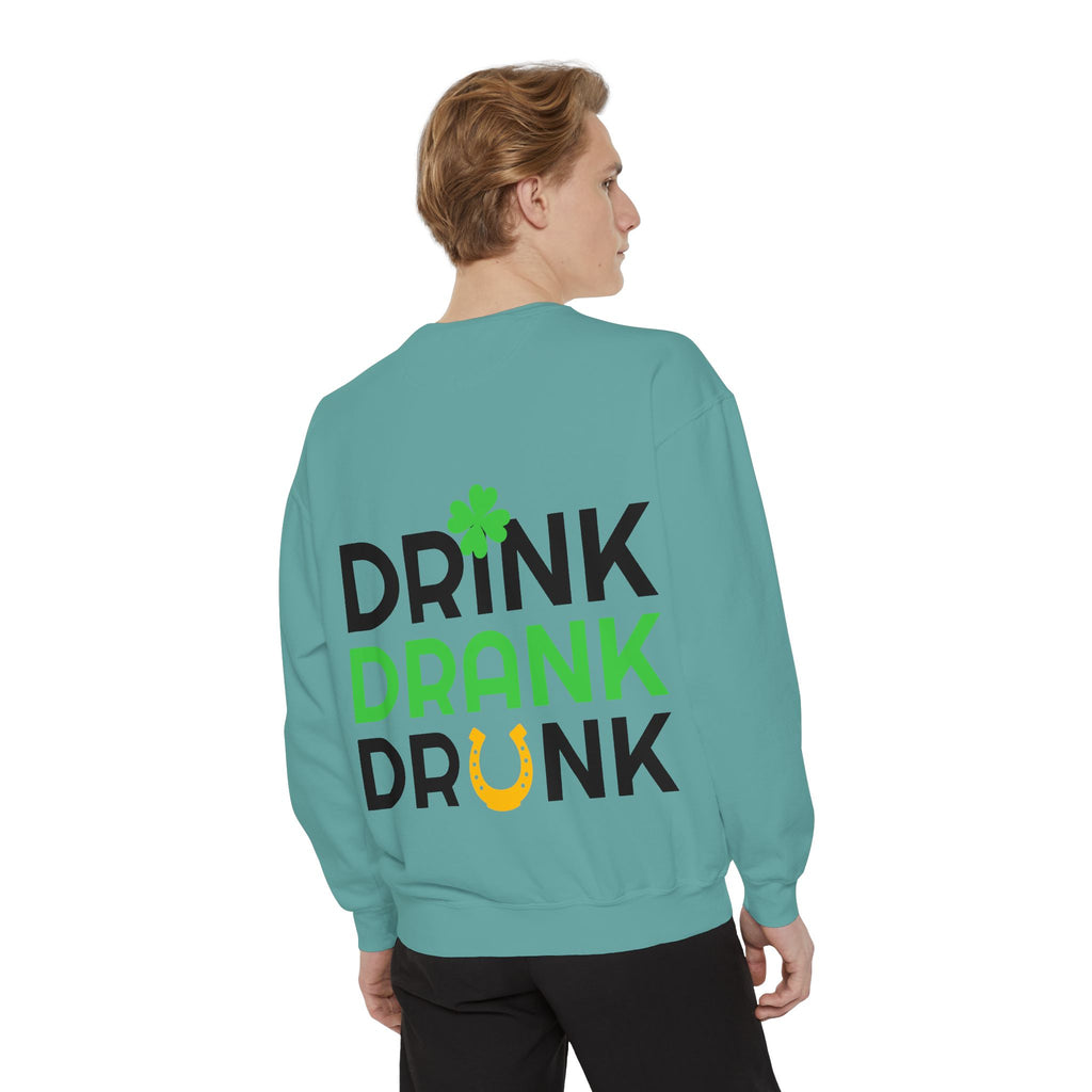 Drink Drank Drunk Sweatshirt — St. Patrick’s Day Shamrock & Horseshoe Crewneck