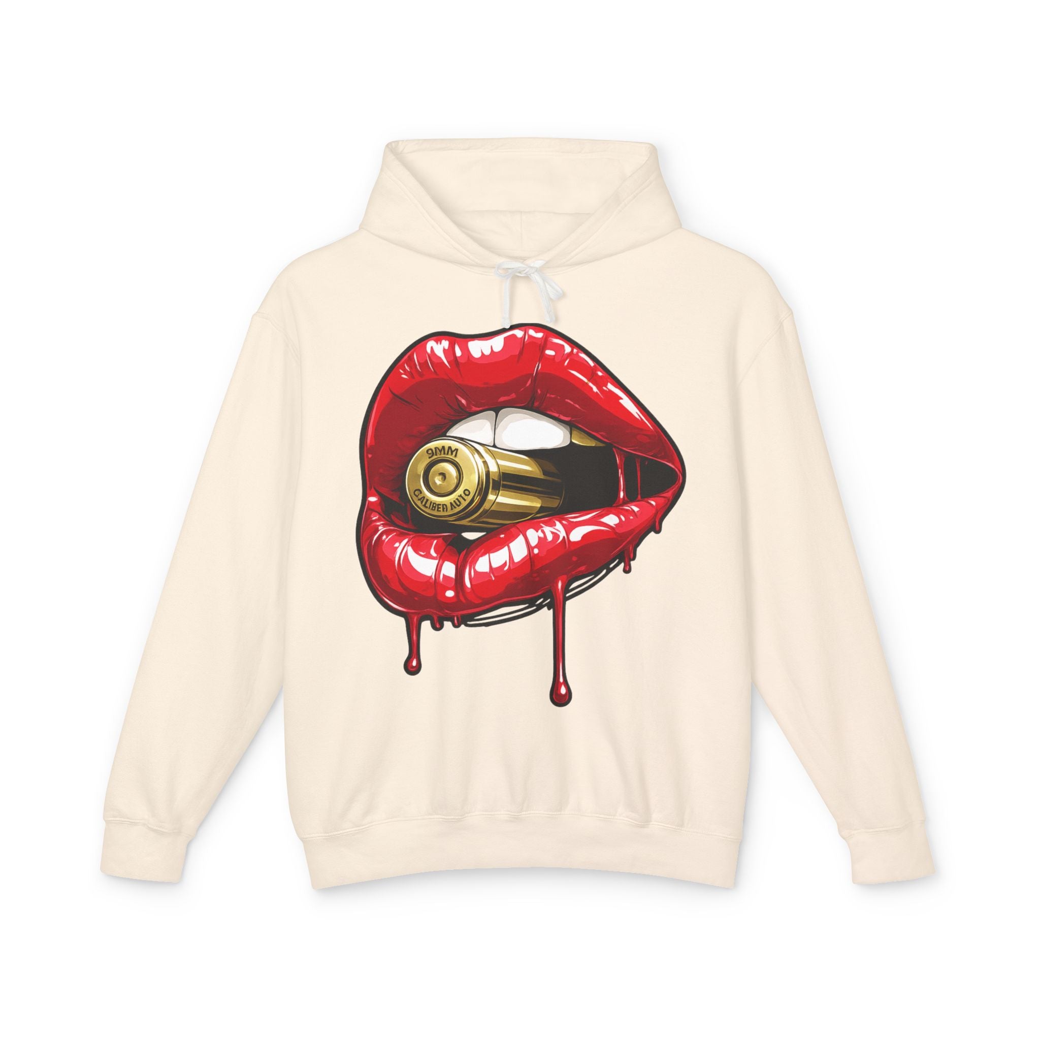 Graphic Hoodie — Red Dripping Lips Holding Bullet Print