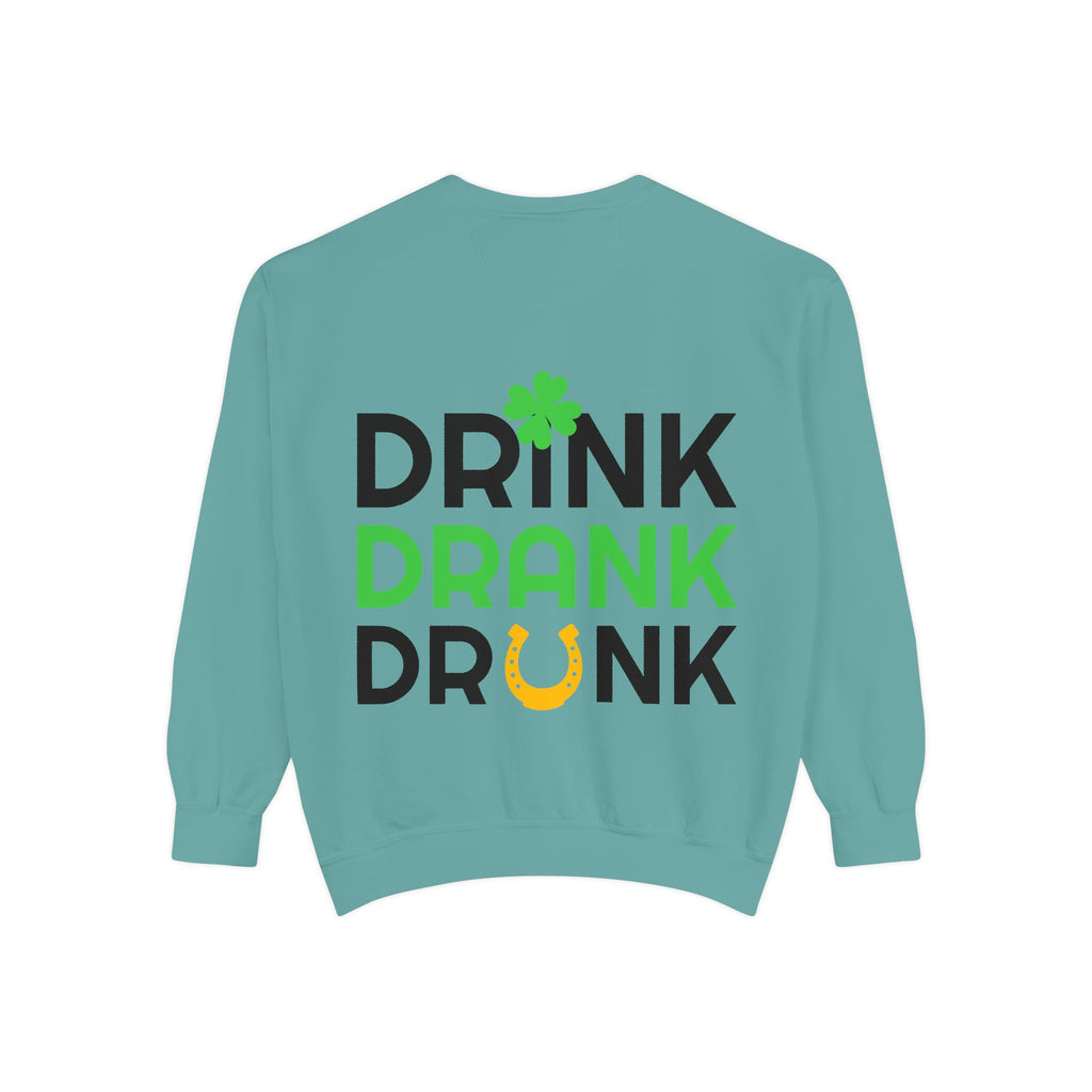 Drink Drank Drunk Sweatshirt — St. Patrick’s Day Shamrock & Horseshoe Crewneck