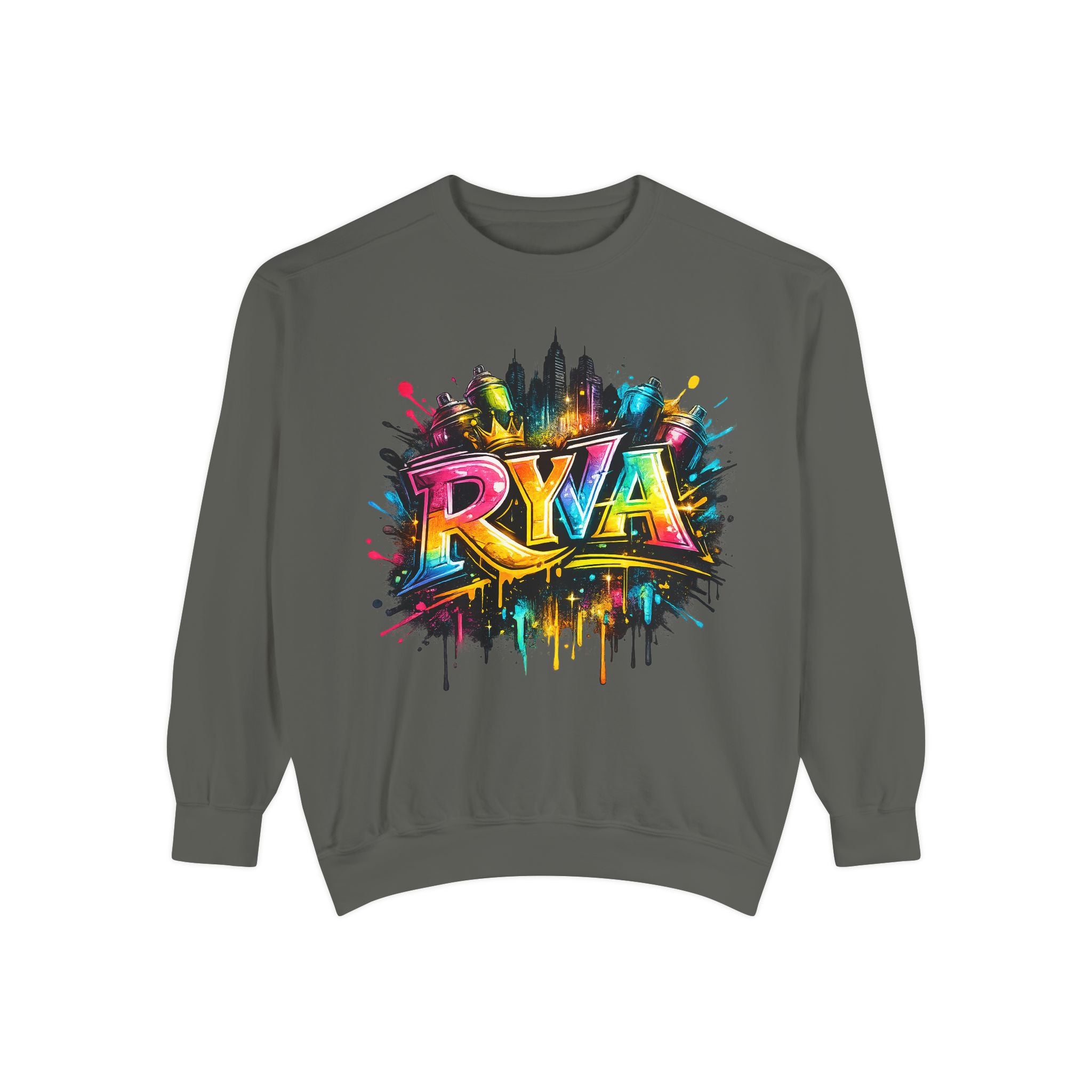 Graffiti Skyline Sweatshirt — Colorful "RYA" Urban Streetwear Crewneck
