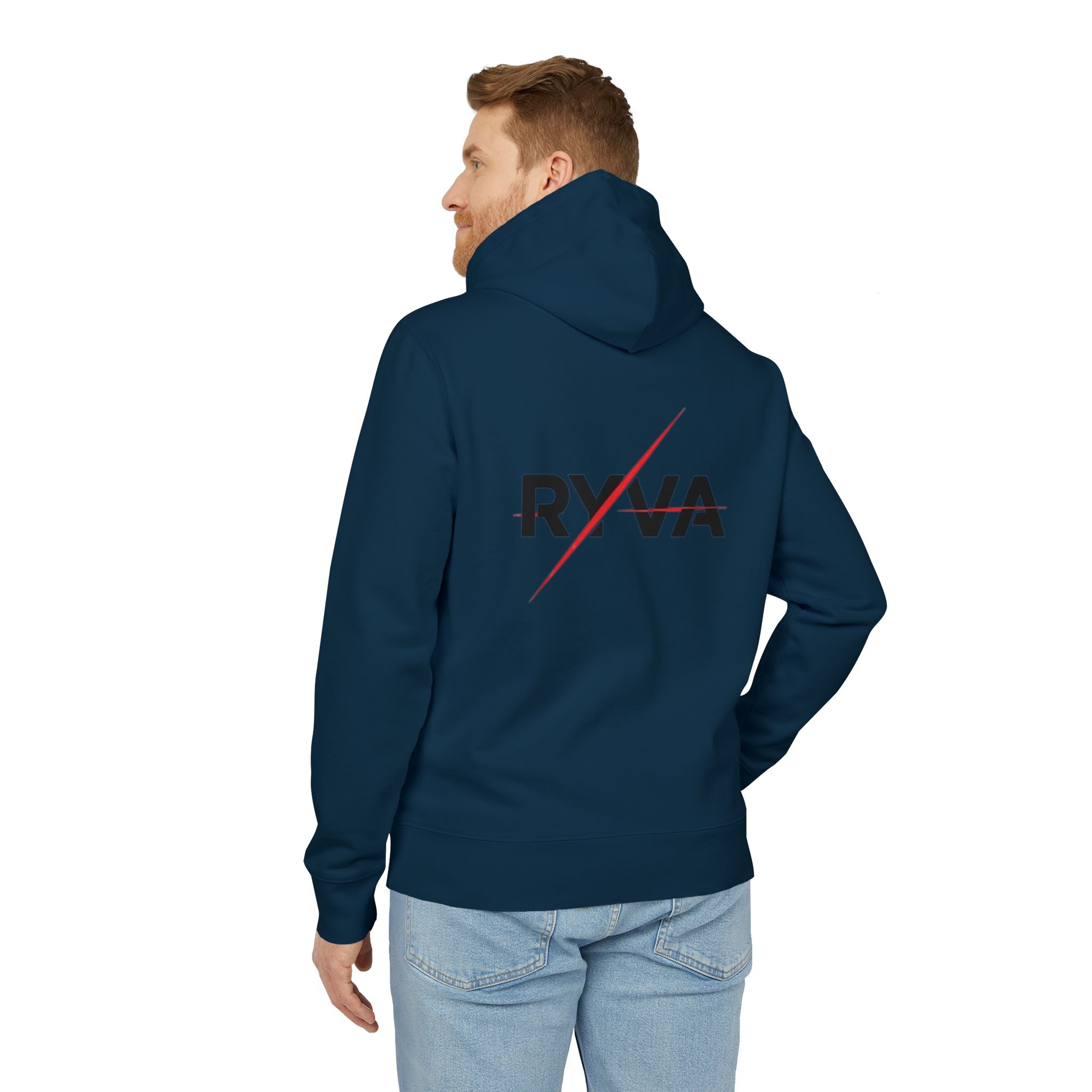 Ryva Logo Hoodie — Minimalist White Pullover with Front Emblem & Back Lightning Wordmark