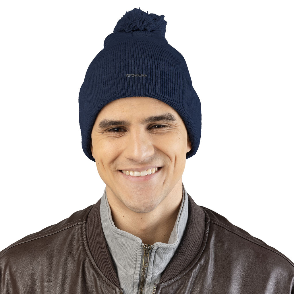 Embroidered Pom-Pom Knit Cap — Cozy Winter Beanie with Fold-Over Cuff