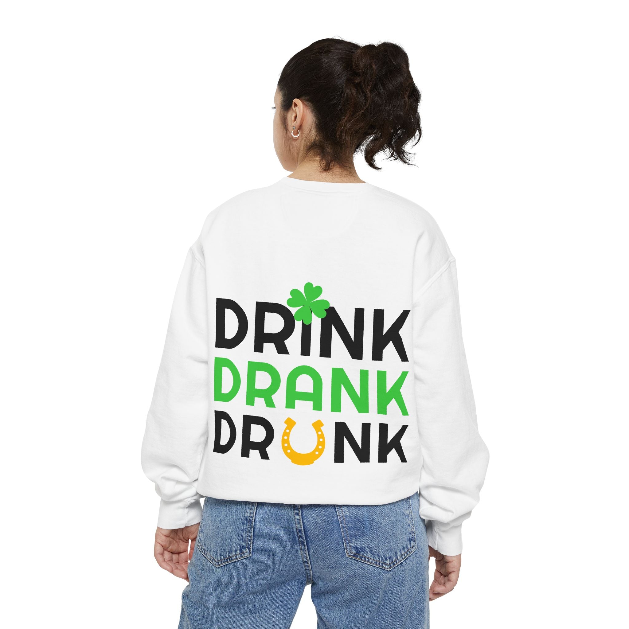 Drink Drank Drunk Sweatshirt — St. Patrick’s Day Shamrock & Horseshoe Crewneck