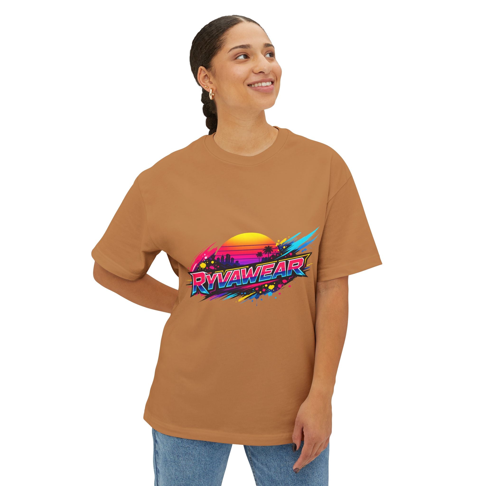 Retro Sunset Graphic Tee — "RVVAWEAR" 80s Vaporwave Style Boxy T-Shirt