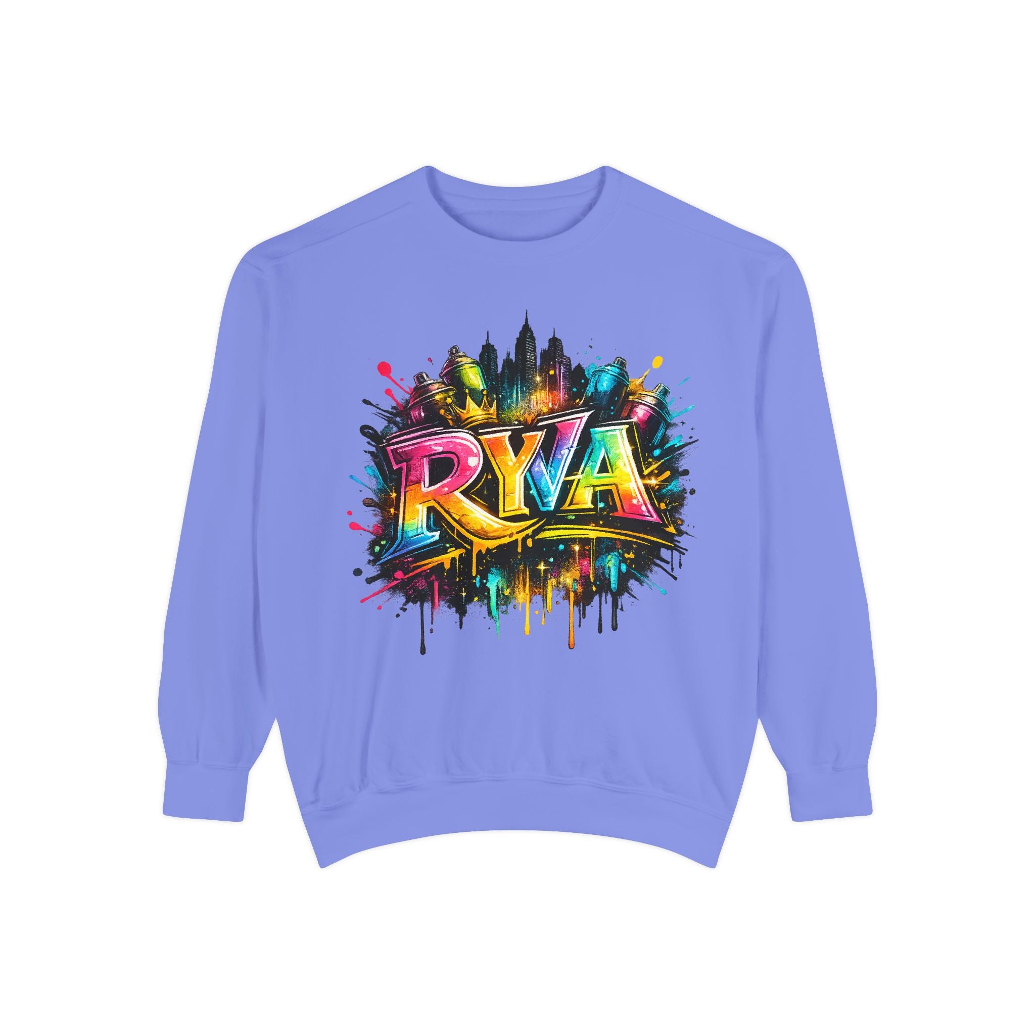 Graffiti Skyline Sweatshirt — Colorful "RYA" Urban Streetwear Crewneck