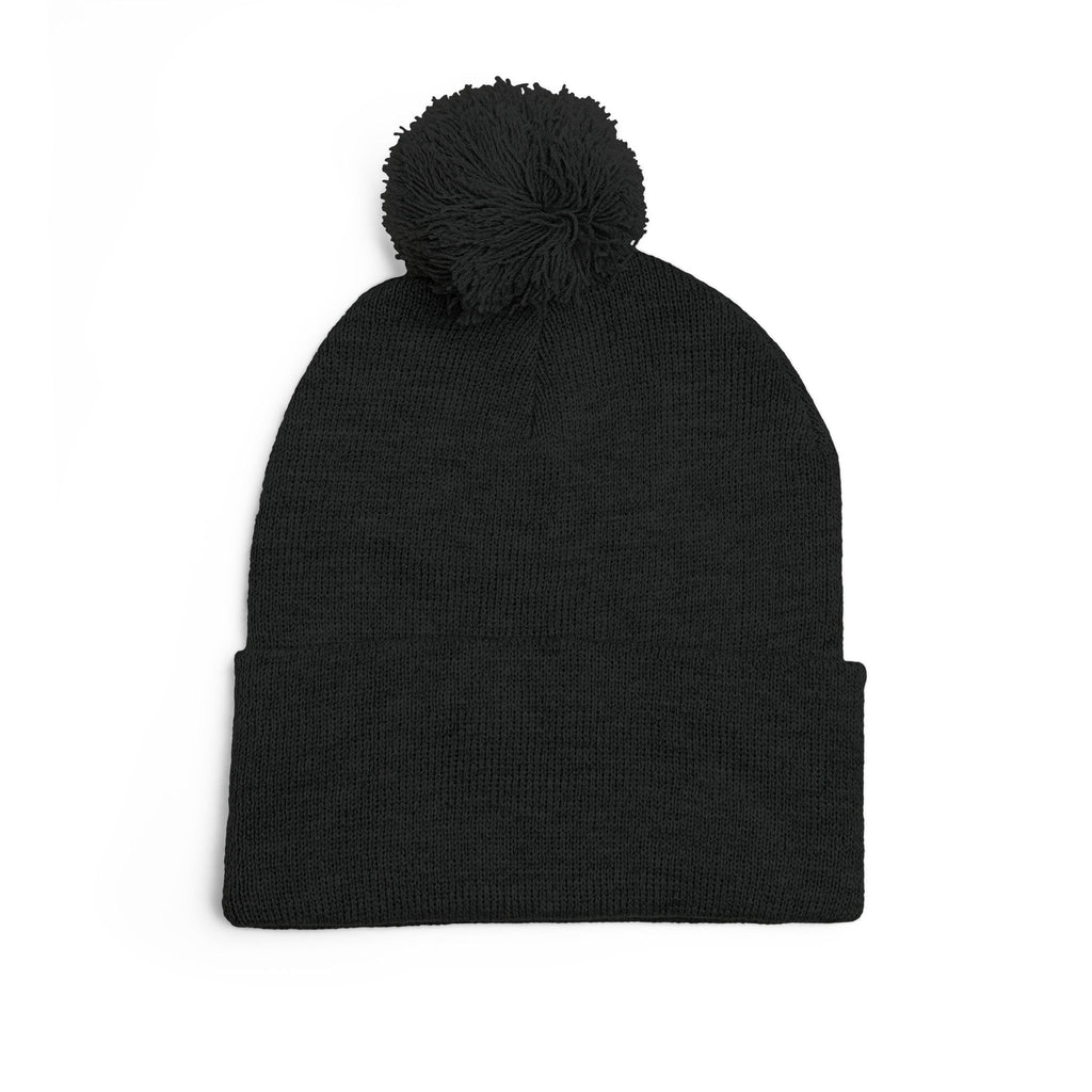 Embroidered Pom-Pom Knit Cap — Cozy Winter Beanie with Fold-Over Cuff