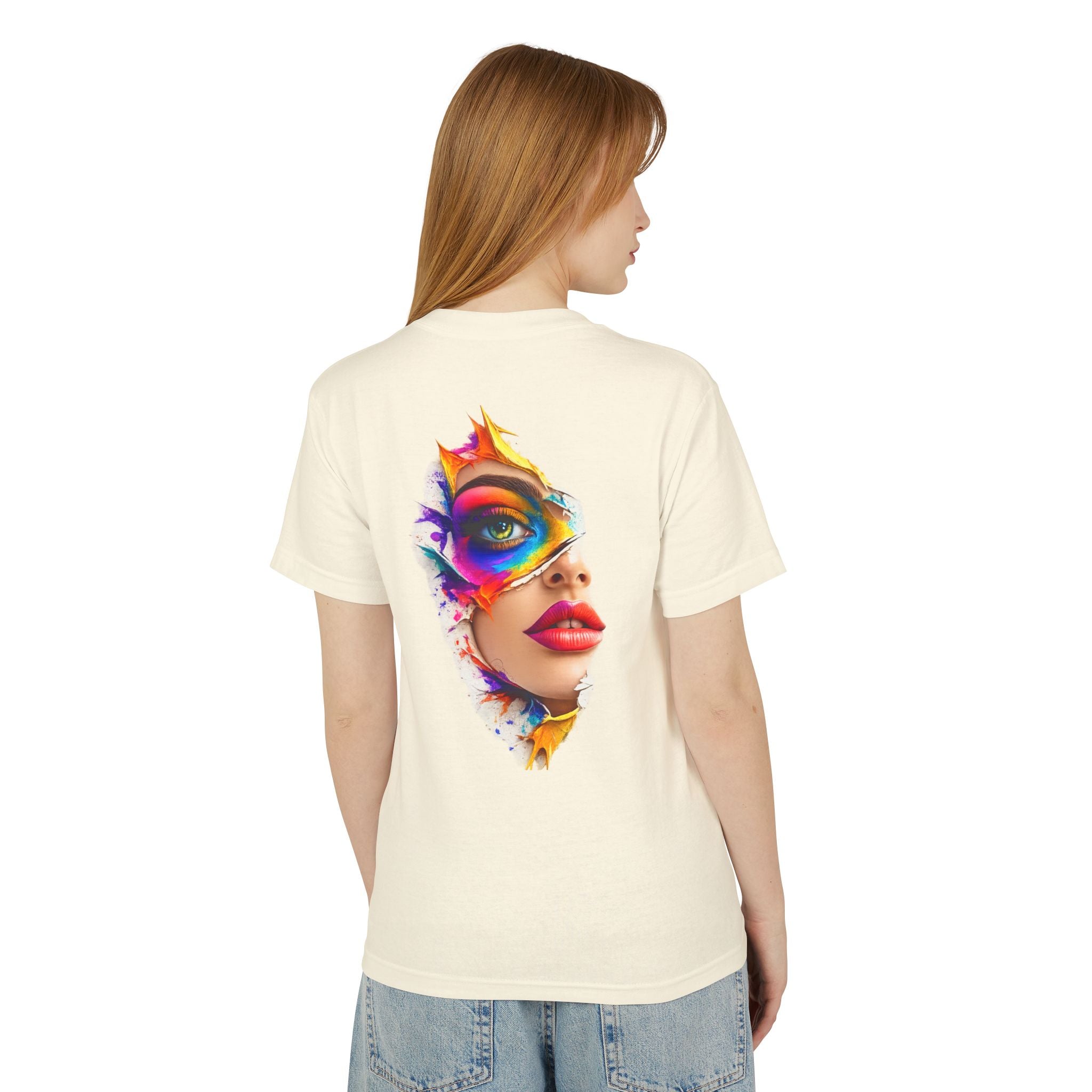 Artistic Masked Face Graphic Tee — Colorful Women's Portrait T-Shirt