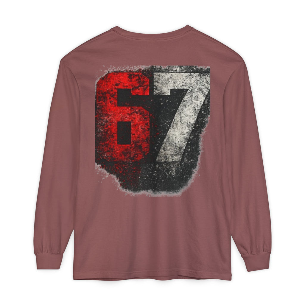 67 Graphic Long Sleeve T-Shirt — Distressed Red & Black Number Backprint