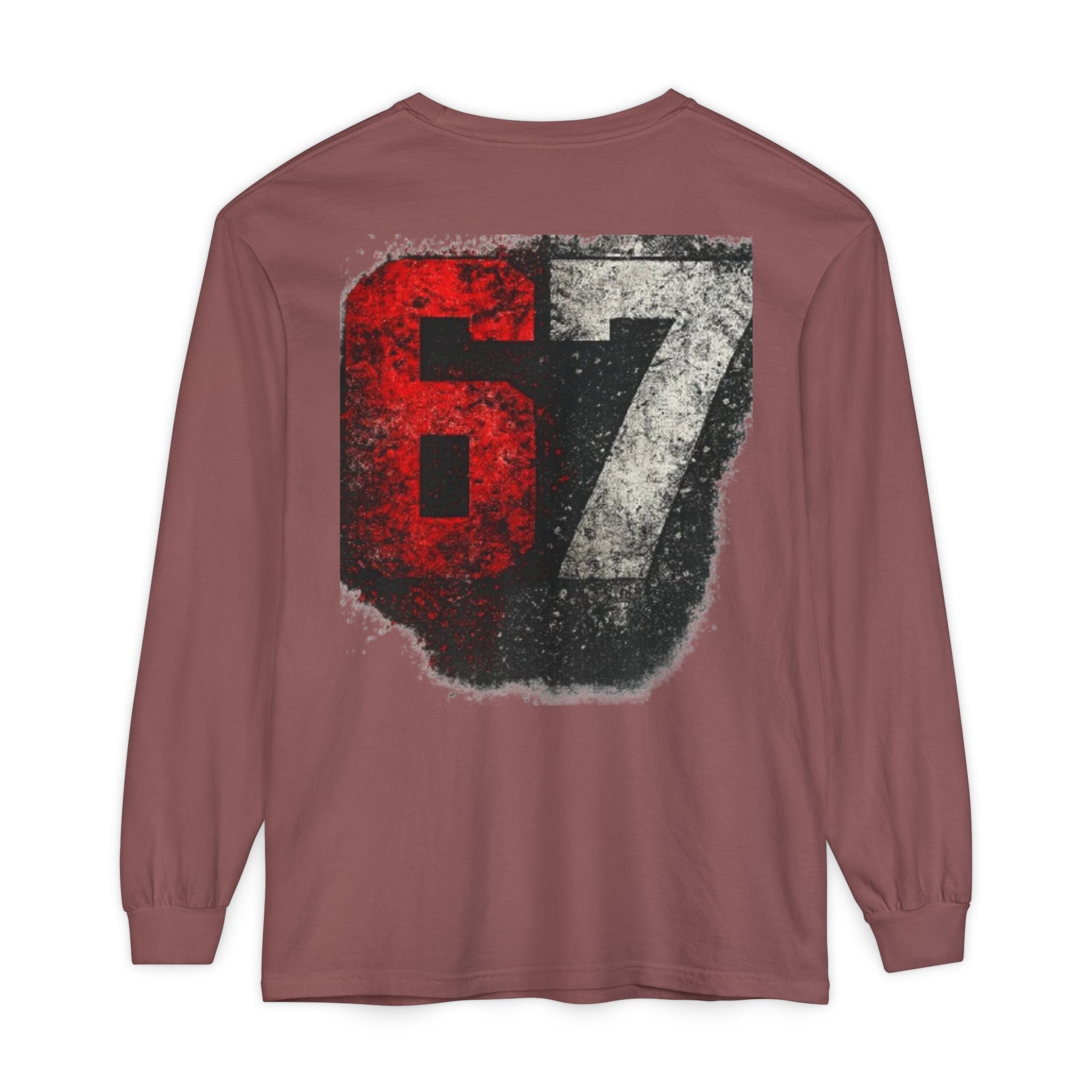 67 Graphic Long Sleeve T-Shirt — Distressed Red & Black Number Backprint