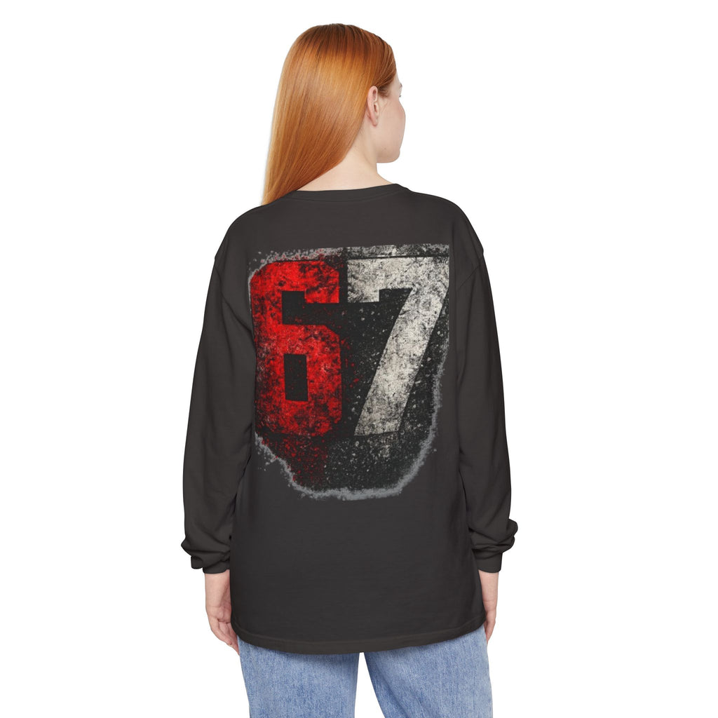 67 Graphic Long Sleeve T-Shirt — Distressed Red & Black Number Backprint