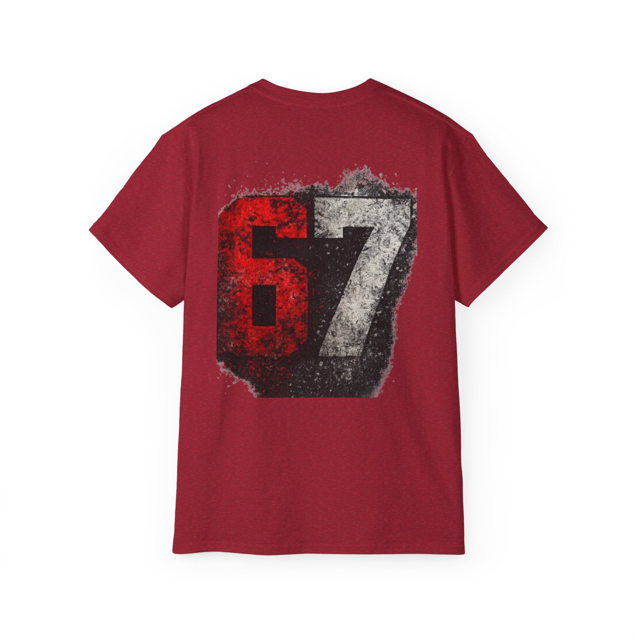 67 Distressed Racing Number Tee — Vintage Red & Gray Graphic T‑Shirt