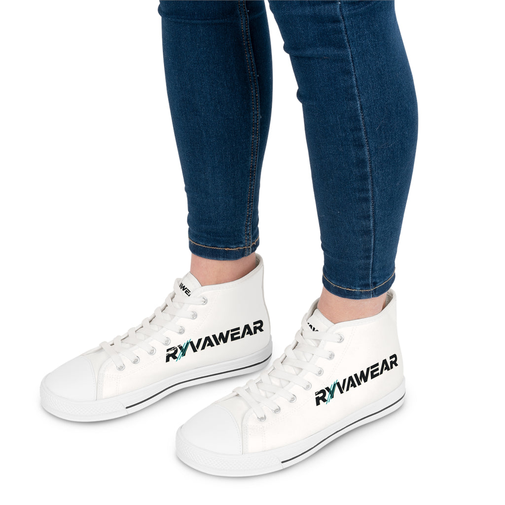 Women's High Top Sneakers — White 'RNVAWEAR' Logo Casual Canvas Shoes