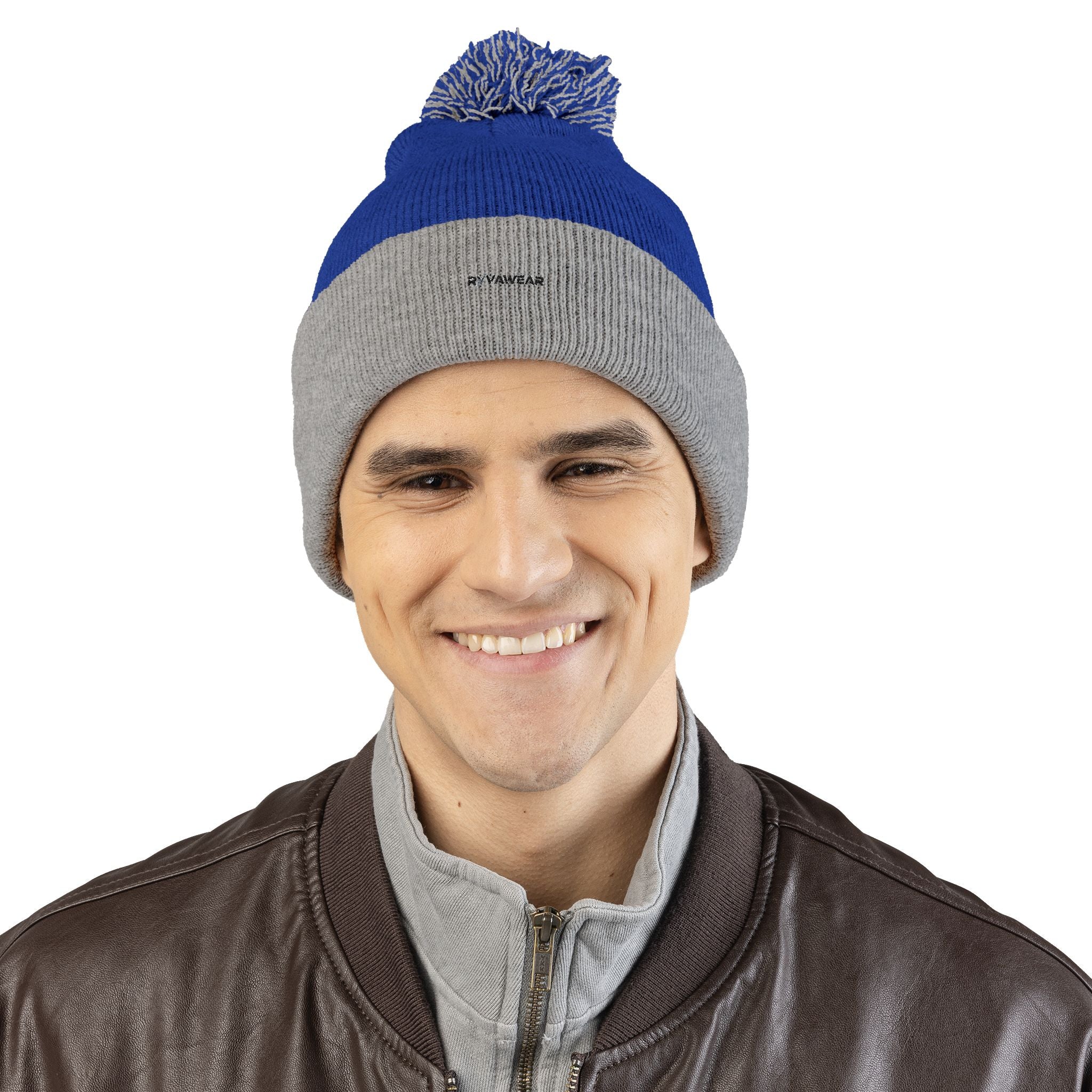 Embroidered Pom-Pom Knit Cap — Cozy Winter Beanie with Fold-Over Cuff