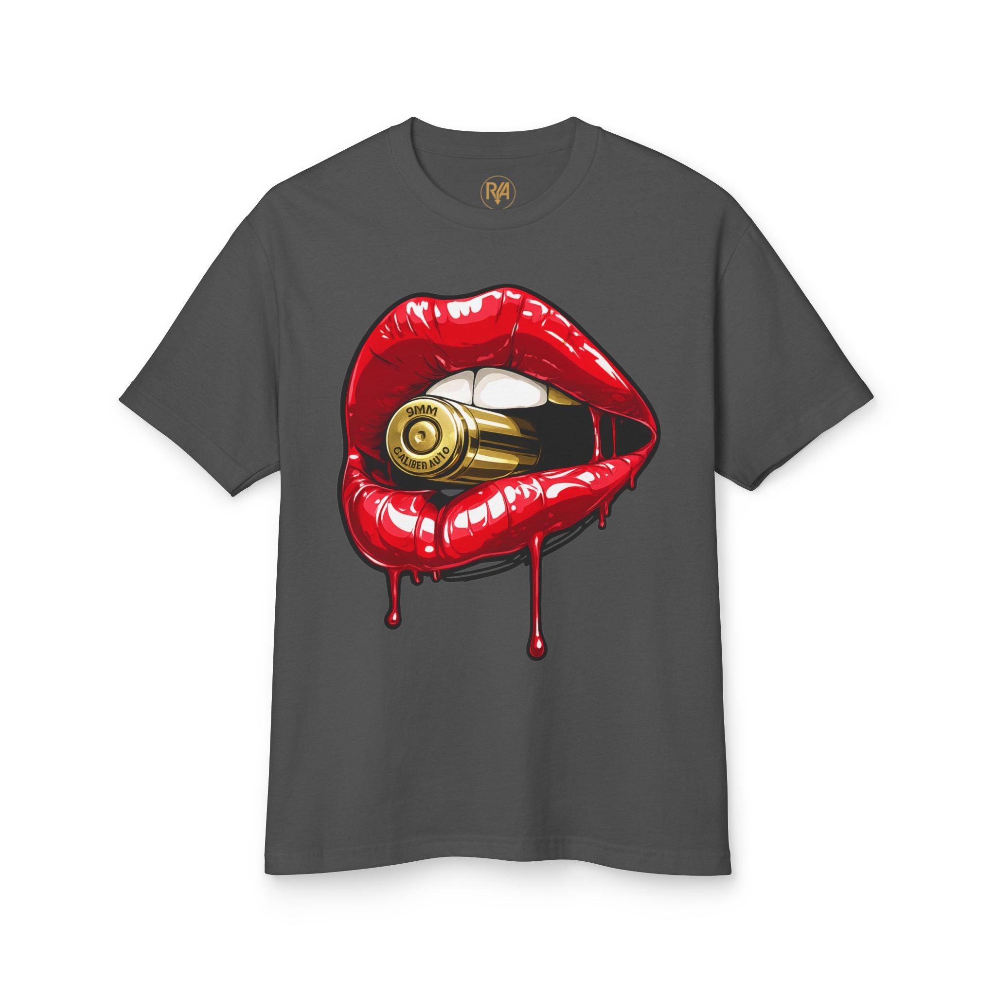 Graphic Tee — Red Dripping Lips Holding Bullet | Edgy Streetwear T-Shirt