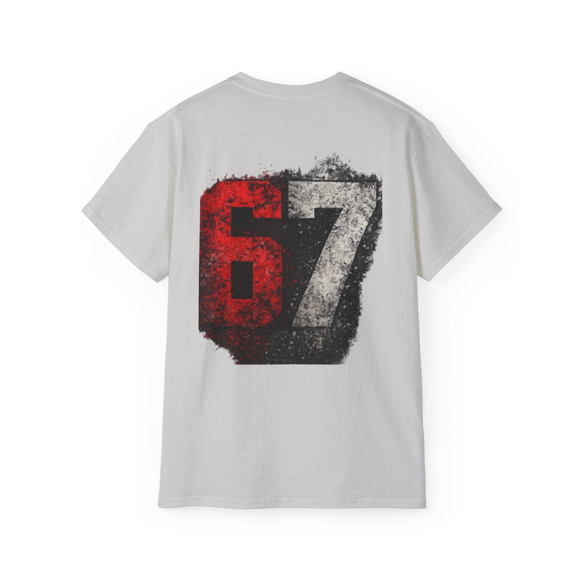 67 Distressed Racing Number Tee — Vintage Red & Gray Graphic T‑Shirt