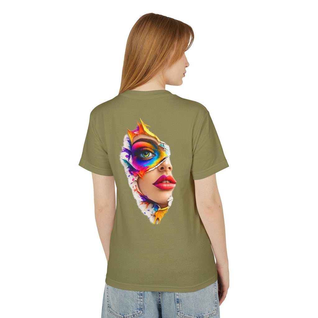 Artistic Masked Face Graphic Tee — Colorful Women's Portrait T-Shirt