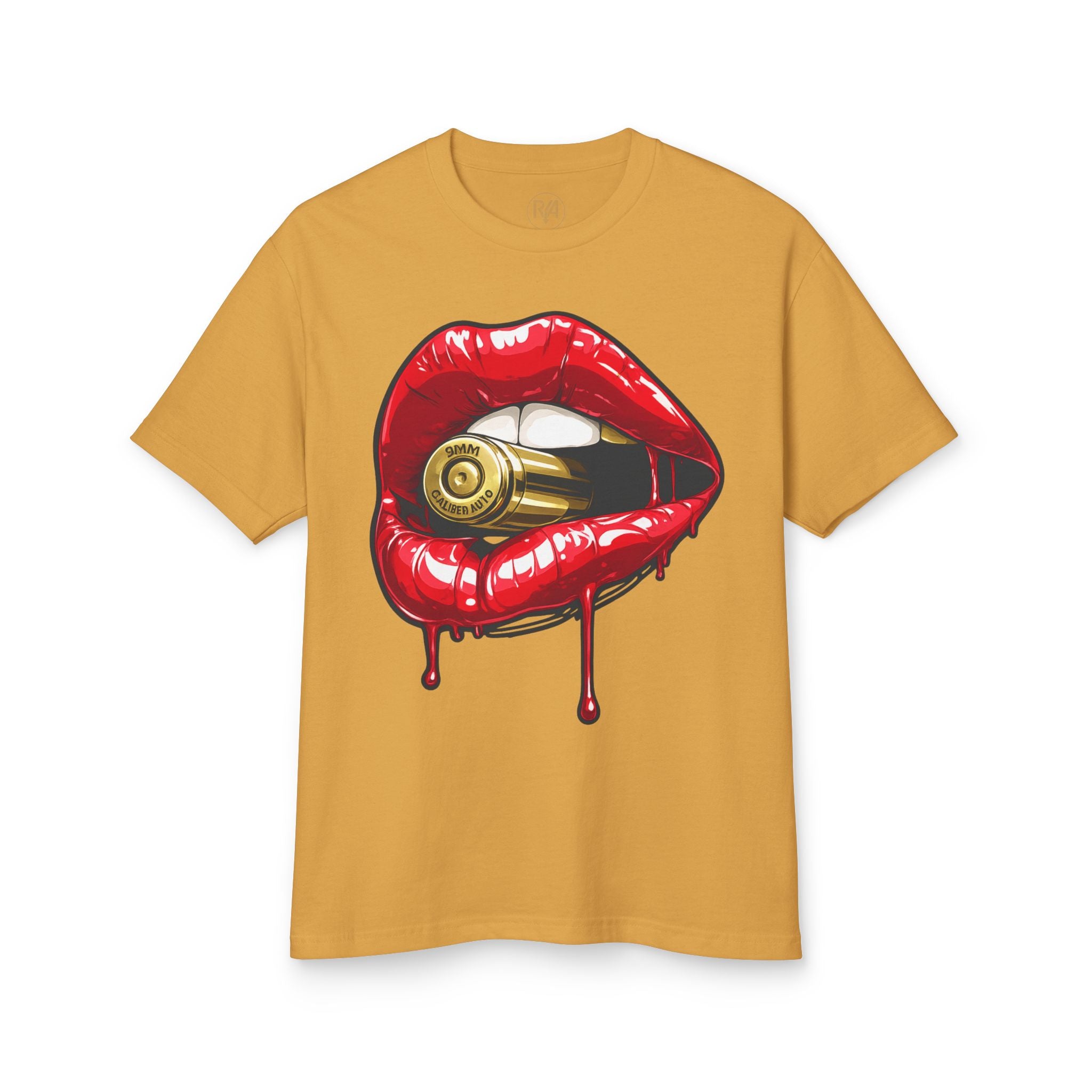 Graphic Tee — Red Dripping Lips Holding Bullet | Edgy Streetwear T-Shirt