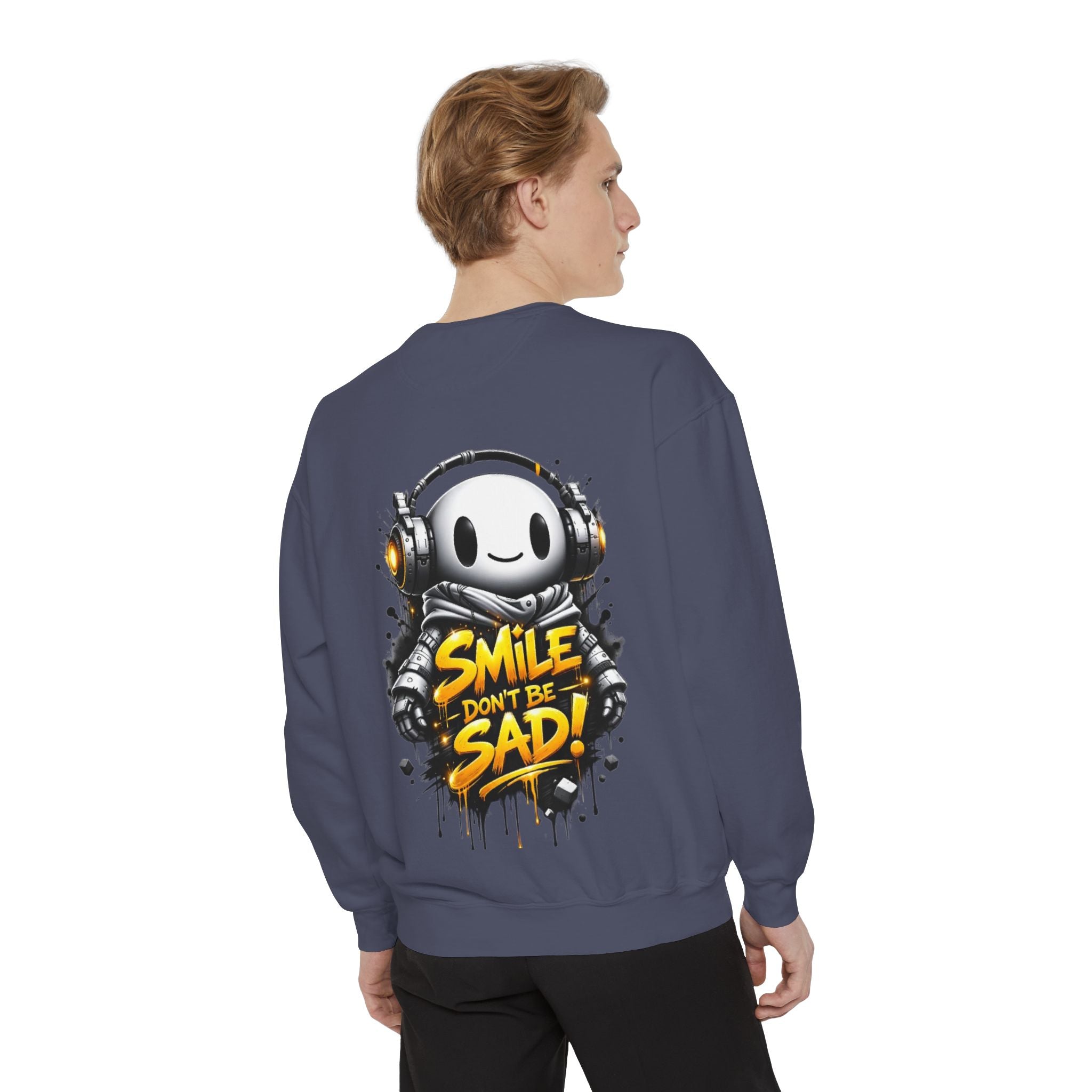 Smile Don't Be Sad Sweatshirt — Cute Headphone Character Graphic Crewneck