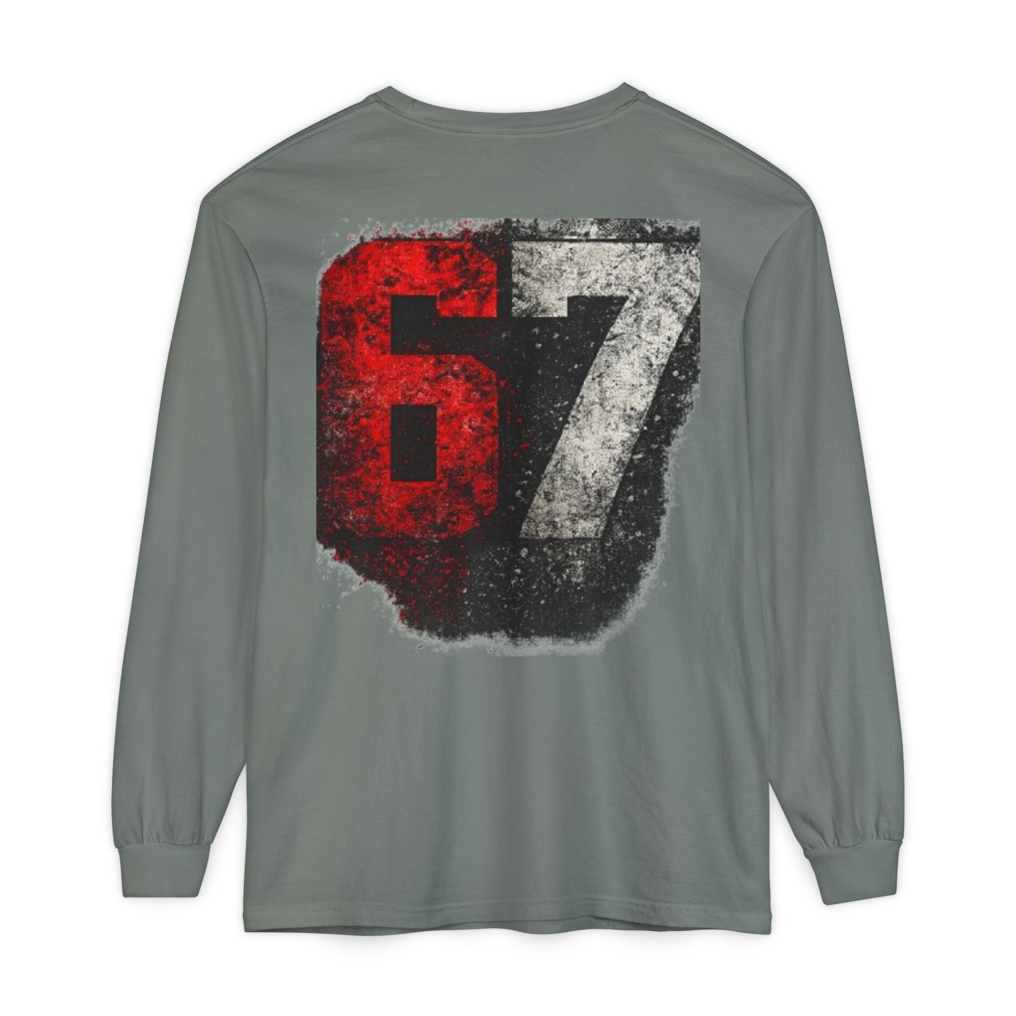 67 Graphic Long Sleeve T-Shirt — Distressed Red & Black Number Backprint