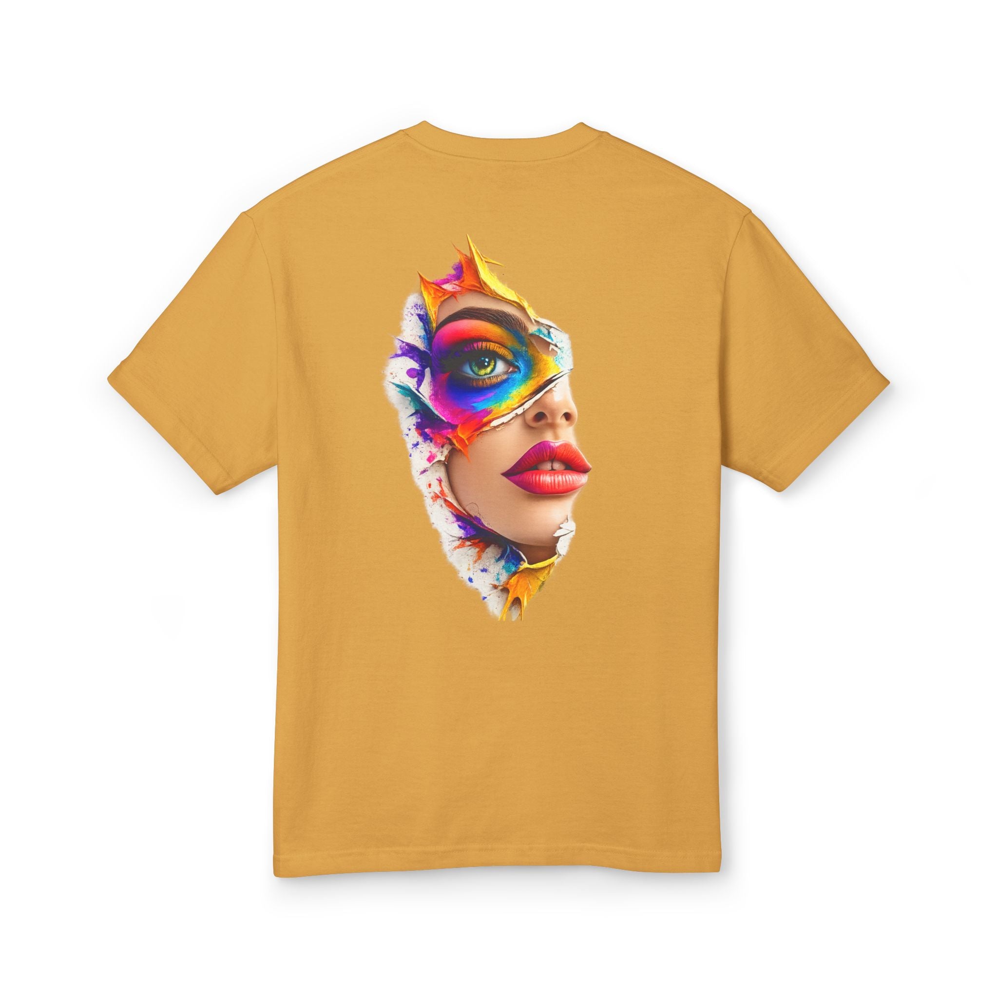 Artistic Masked Face Graphic Tee — Colorful Women's Portrait T-Shirt