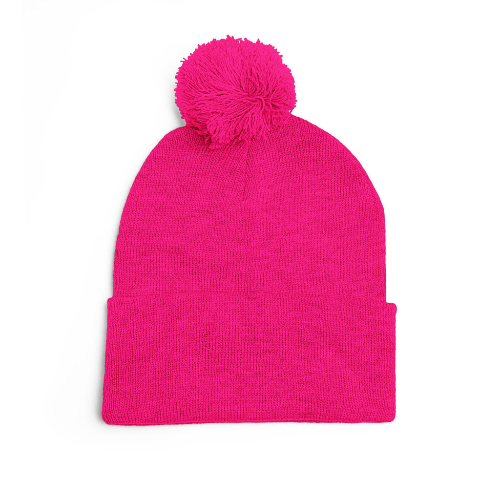 Embroidered Pom-Pom Knit Cap — Cozy Winter Beanie with Fold-Over Cuff