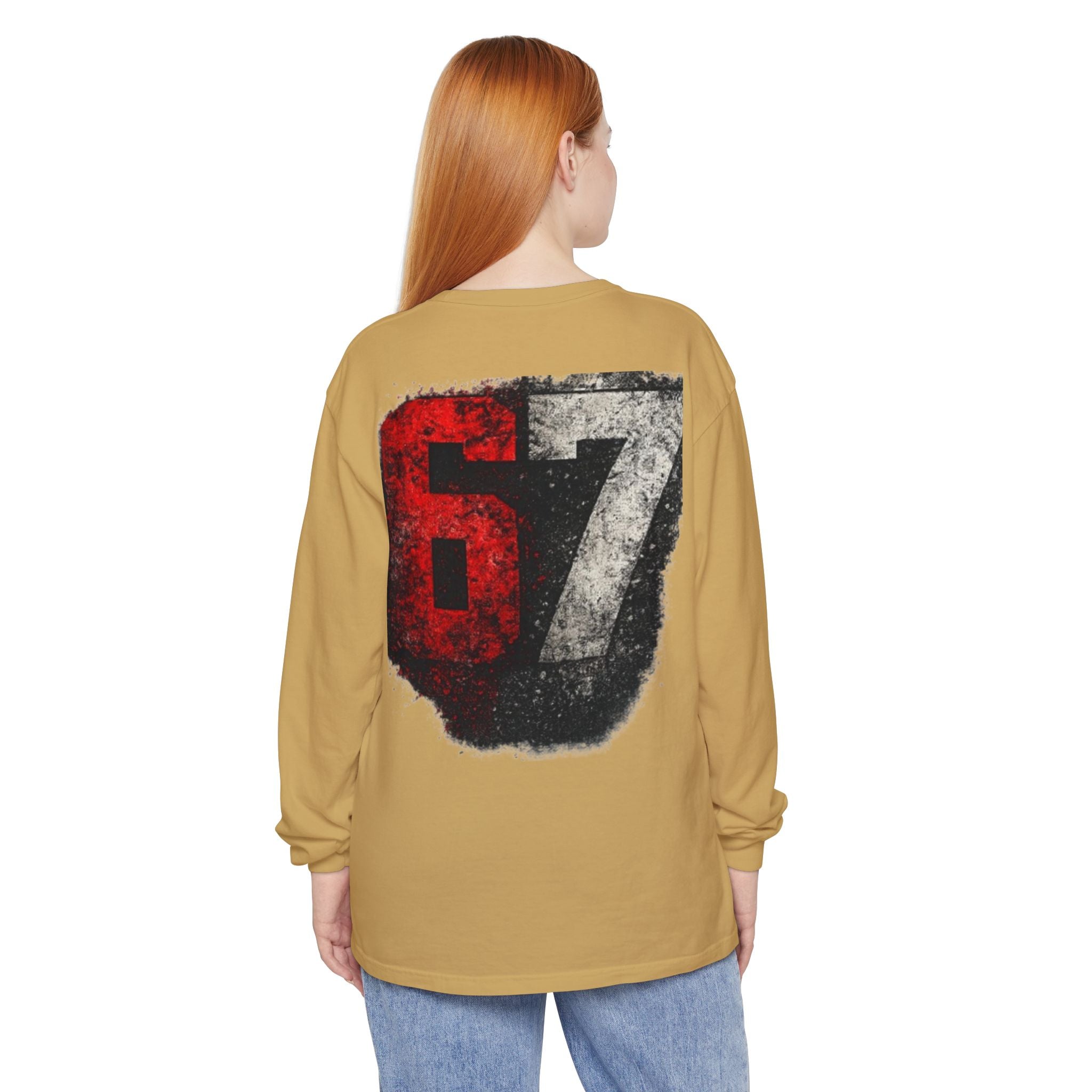 67 Graphic Long Sleeve T-Shirt — Distressed Red & Black Number Backprint