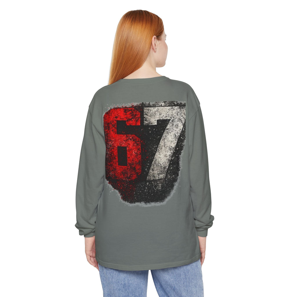 67 Graphic Long Sleeve T-Shirt — Distressed Red & Black Number Backprint