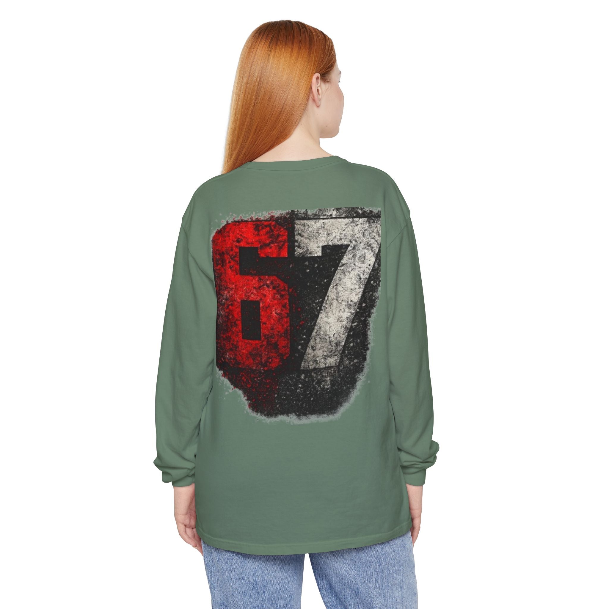 67 Graphic Long Sleeve T-Shirt — Distressed Red & Black Number Backprint