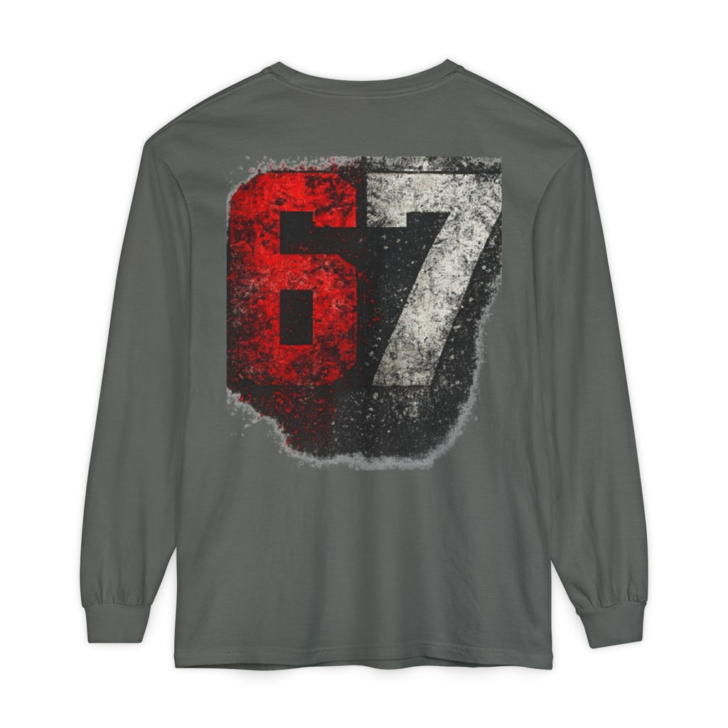 67 Graphic Long Sleeve T-Shirt — Distressed Red & Black Number Backprint